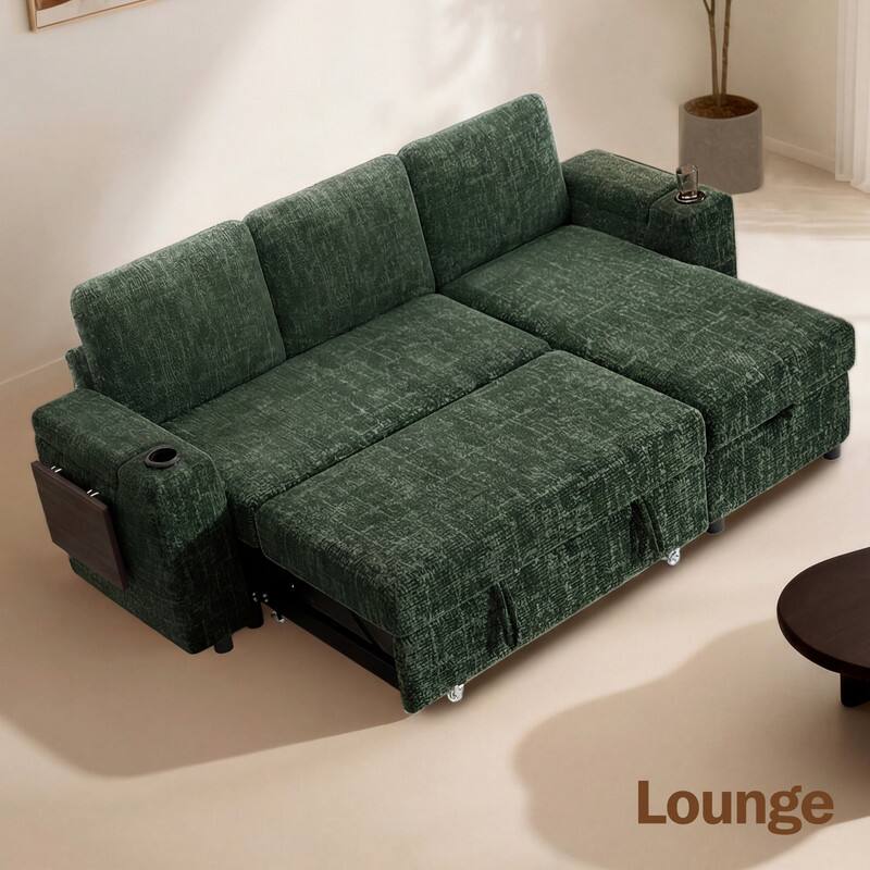 Left. Dyonery - 85" Modular Sectional Sofa, L Shaped 3-Seater Sleeper Sofa with Pull Out Bed &Hidden Storage, Cup Holders & USB. - Green.