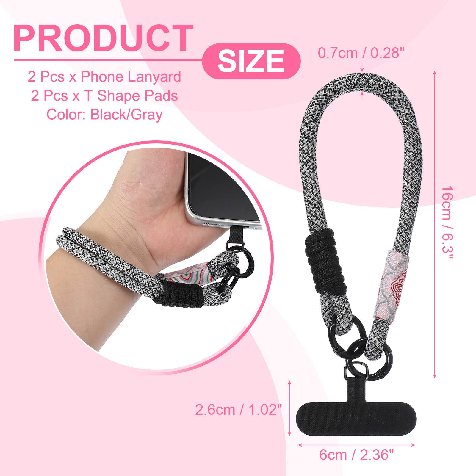 PRODUCT  
2 Pcs x Phone Lanyard  
2 Pcs x T Shape Pads  
Color: Black/Gray  

SIZE  
0.7cm / 0.28"  
16cm / 6.3"  
2.6cm / 1.02"  
6cm / 2.36"