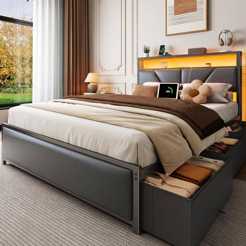 Alt View 1. Furnulem - Full Size Black Leather Bed Frame with 6 Underbed Drawers Open Storage Headboard with Charging Station - Black.