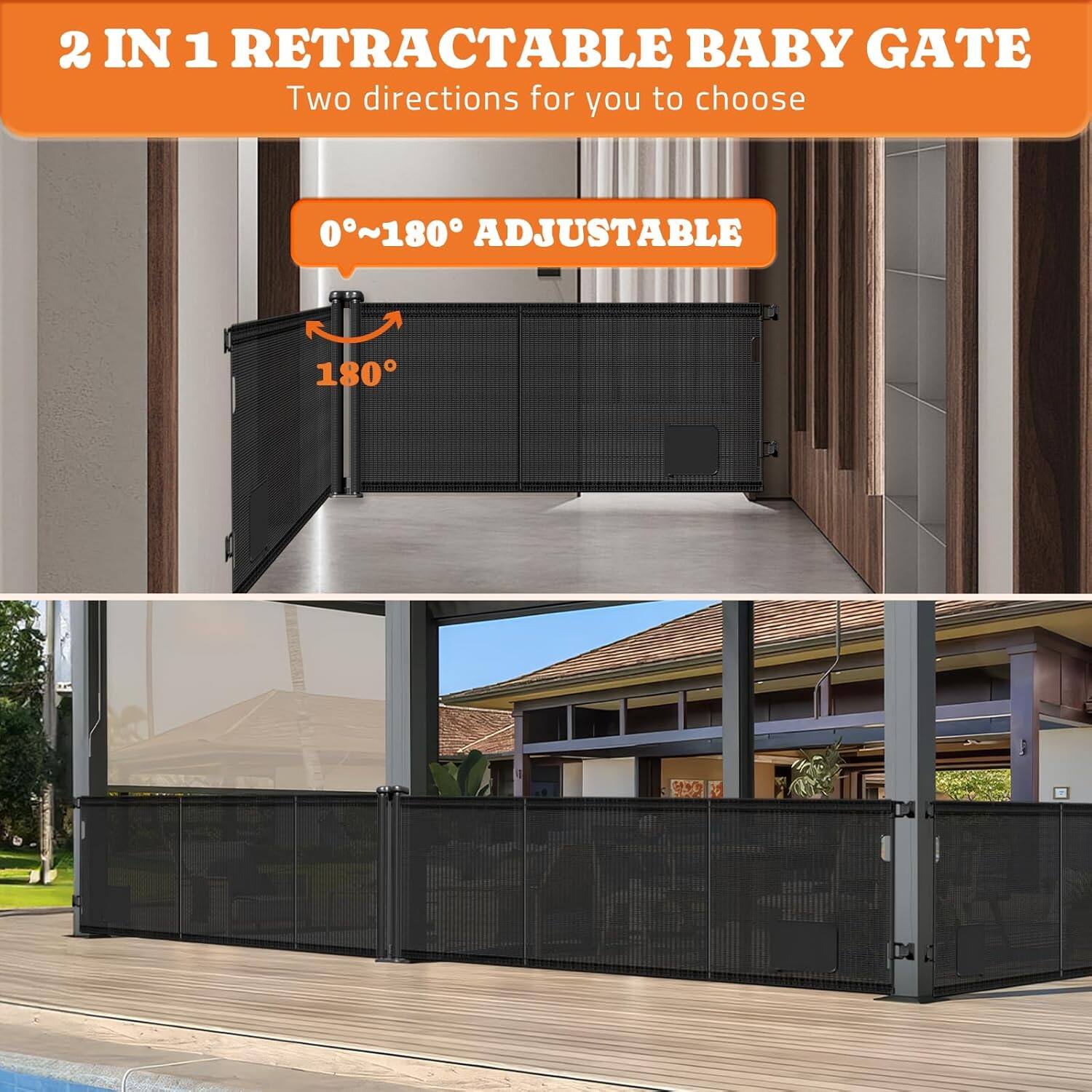 2 IN 1 RETRACTABLE BABY GATE, Two directions for you to choose, 0~180° ADJUSTABLE, 180°