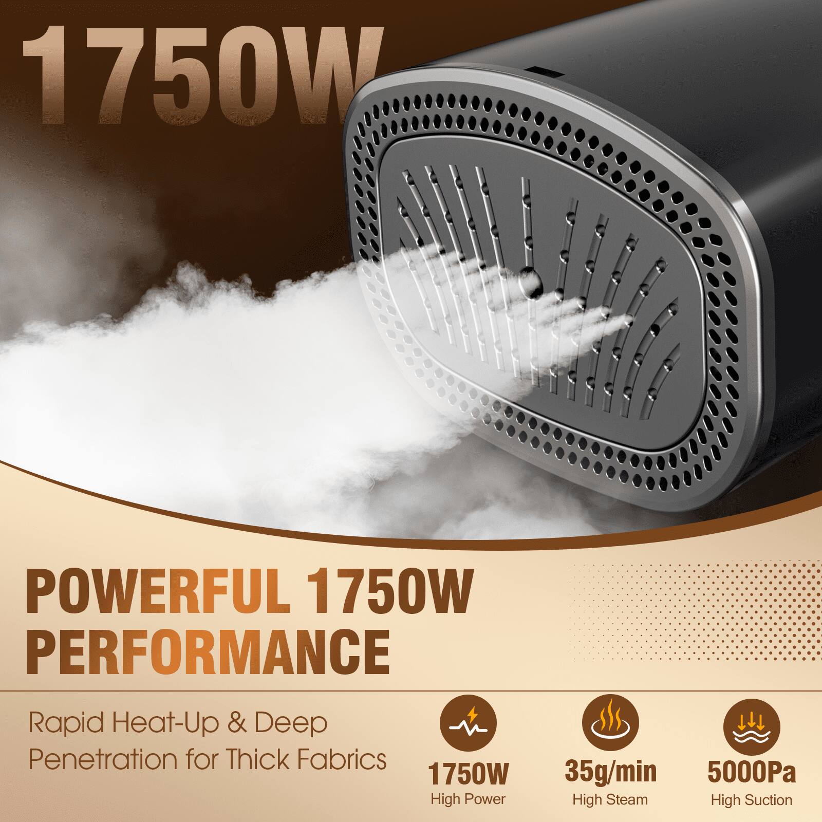 1750W POWERFUL PERFORMANCE  
Rapid Heat-Up & Deep Penetration for Thick Fabrics  
1750W High Power  
35g/min High Steam  
5000Pa High Suction
