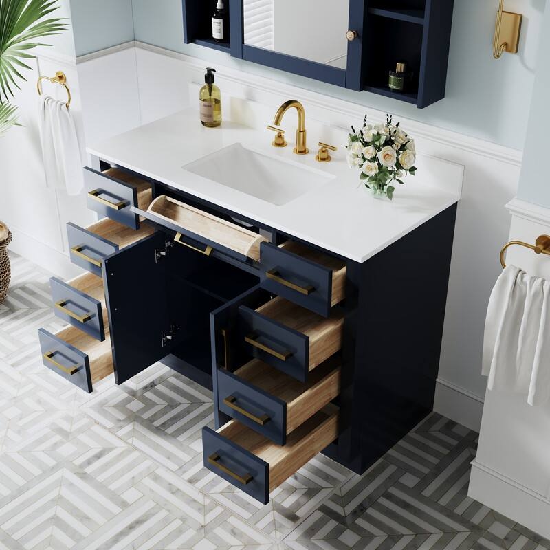 Left. WELLFOR - 48" Solid Wood Bathroom Vanity with Sink, 2 Soft-Close Doors, 9 Drawers& Cultured Marble Countertop - Navy Blue.