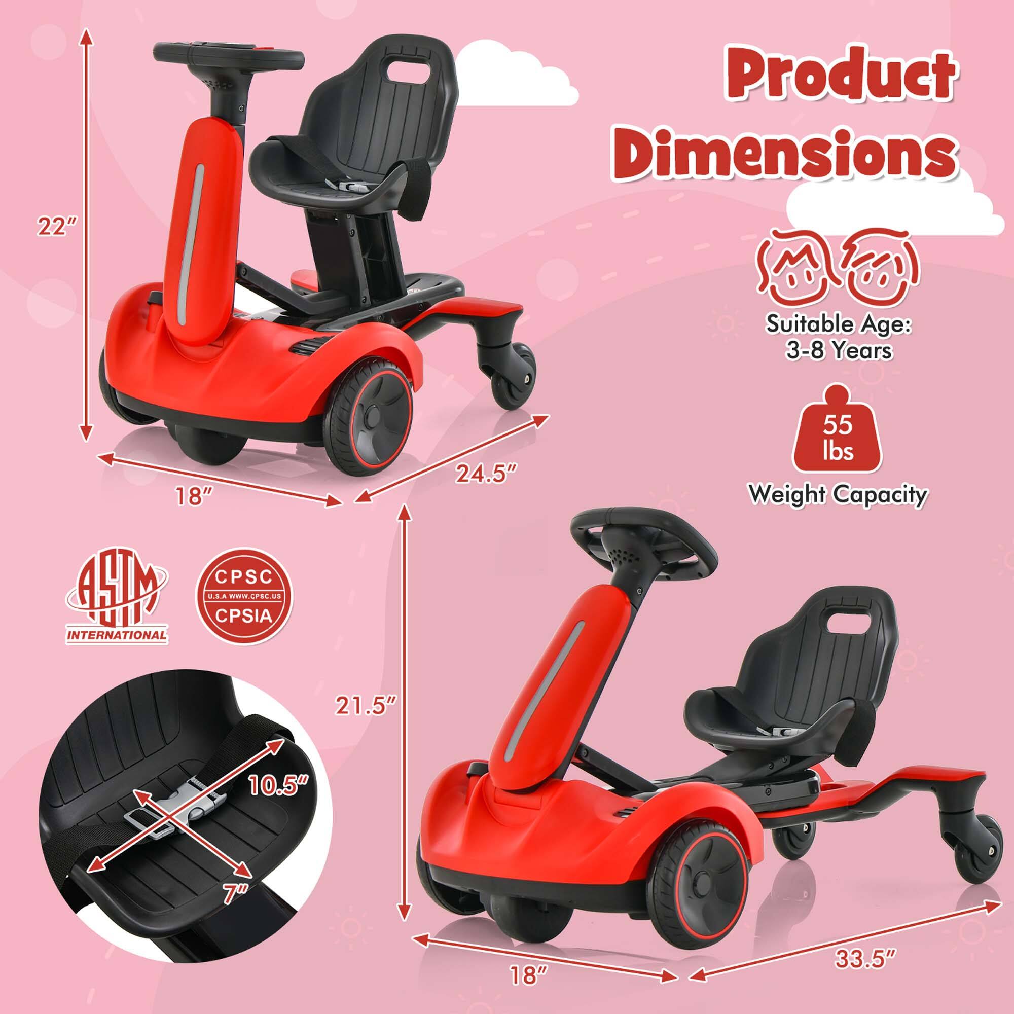 Product Dimensions  
Suitable Age: 3-8 Years  
Weight Capacity: 55 lbs  

22"  
18"  
24.5"  
21.5"  
10.5"  
7"  
18"  
33.5"  

ASTM INTERNATIONAL  
CPSC  
CPSIA