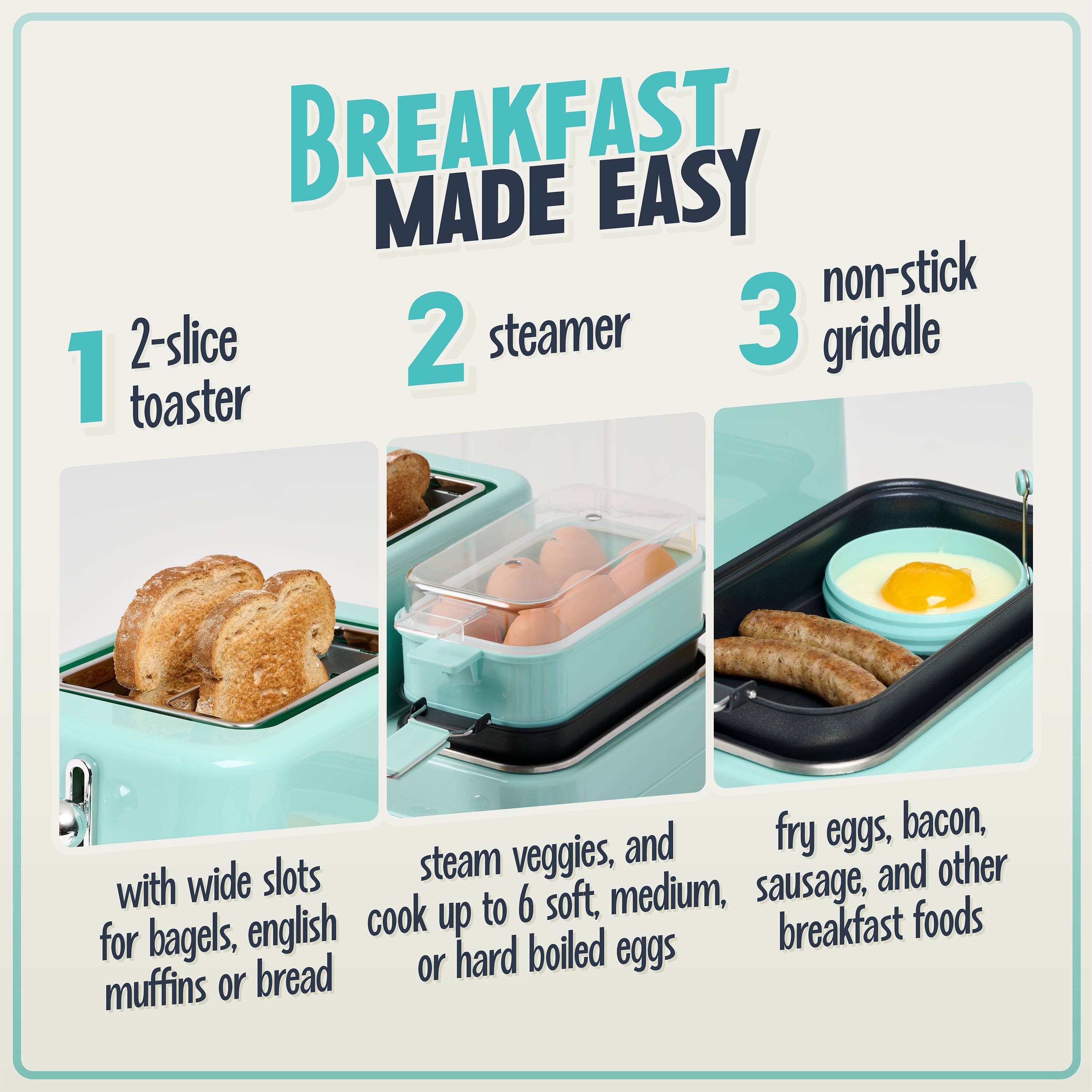 BREAKFAST MADE EASY

1. 2-slice toaster
   - with wide slots for bagels, english muffins or bread

2. 2 steamer
   - steam veggies, and cook up to 6 soft, medium, or hard boiled eggs

3. non-stick griddle
   - fry eggs, bacon, sausage, and other breakfast foods