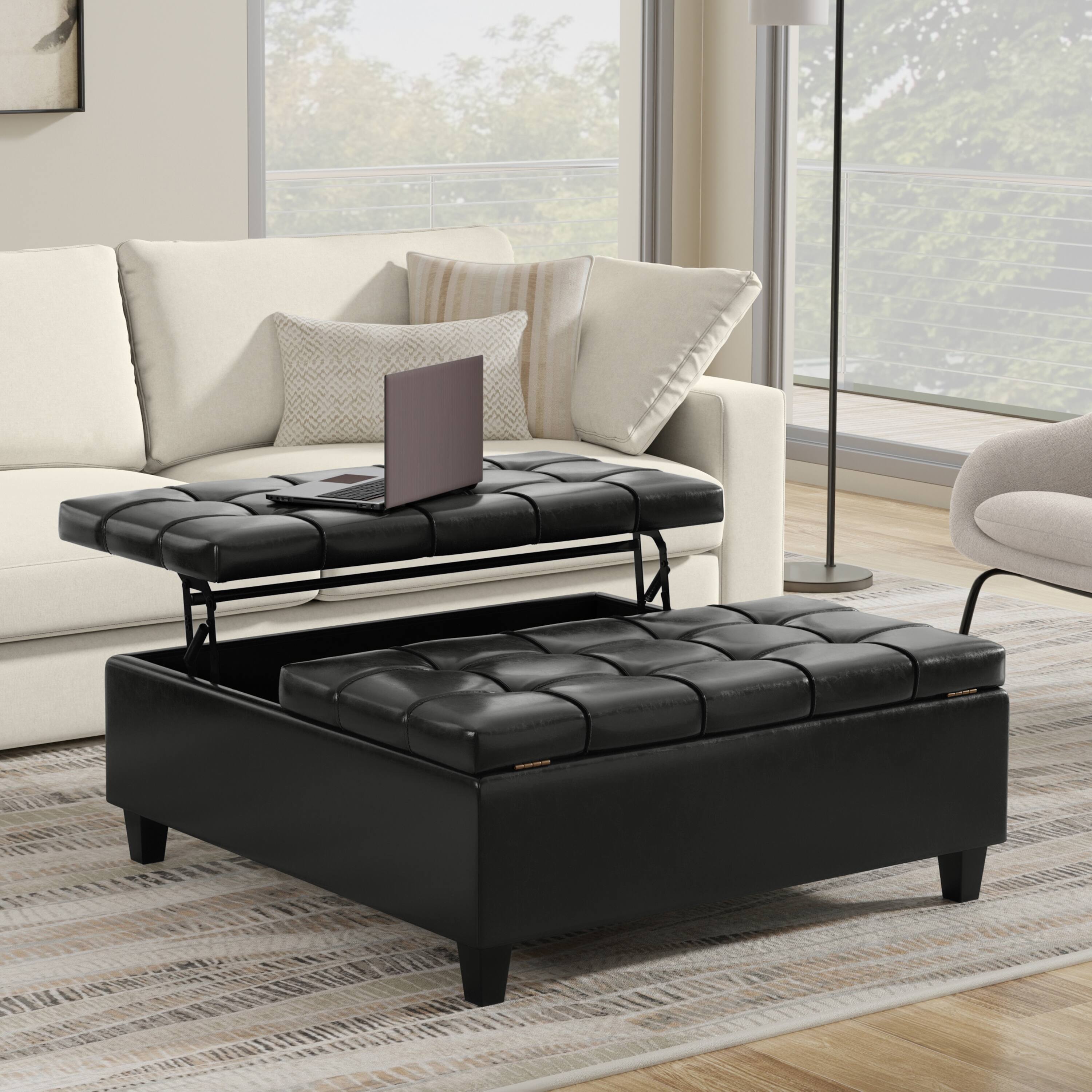 Angle. Simpli Home - Harrison 40 inch Wide Large Square Coffee Table Storage Ottoman in Midnight Black Vegan Leather - Midnight Black.