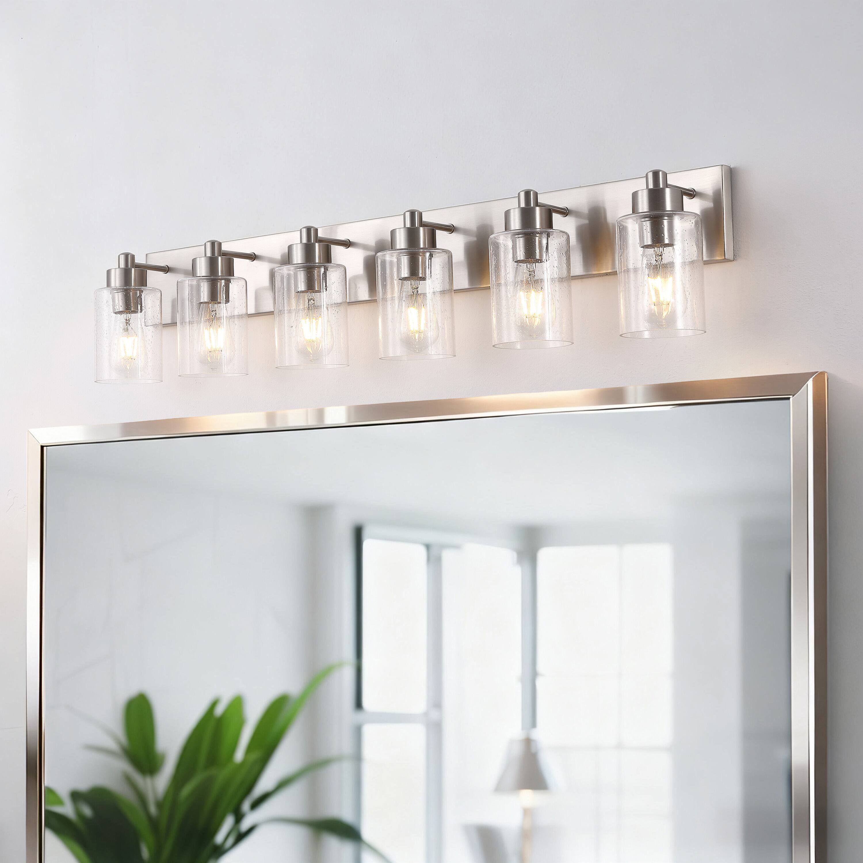 Alt View 1. Jonathan Y - Irving 40" 6-Light Seeded Glass/Iron Modern Contemporary LED Vanity Light, Nickel - Nickel/Clear.