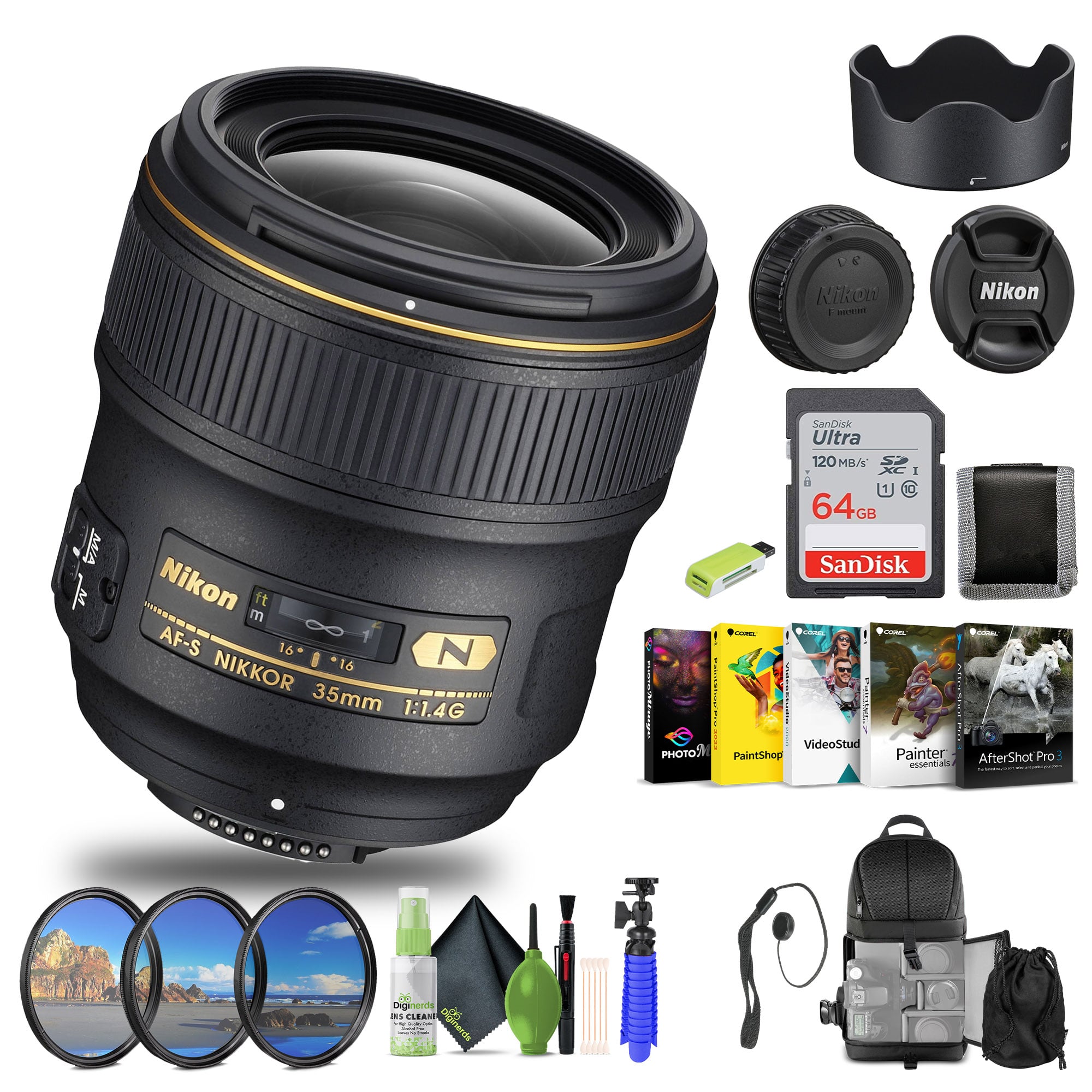 Nikon - AF-S NIKKOR 35mm f/1.4G Wide-Angle Lens (2198) + 64GB Memory Card + Filters - Bundle - Black
