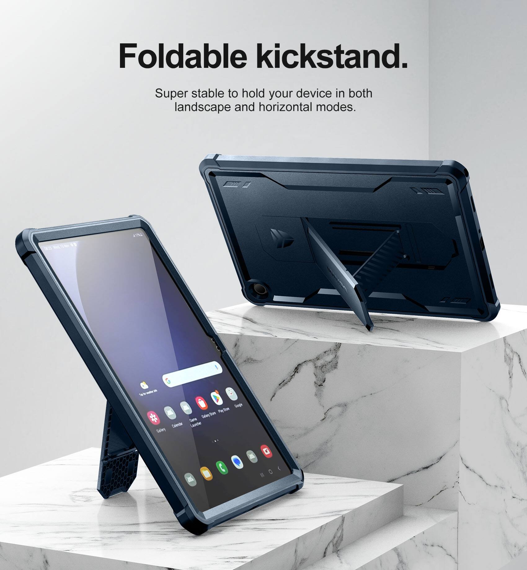 Foldable kickstand.  
Super stable to hold your device in both landscape and horizontal modes.