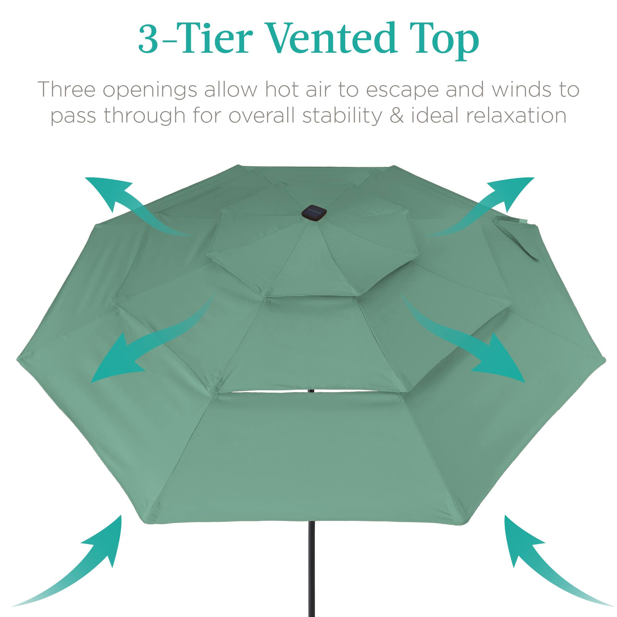 3-Tier Vented Top

Three openings allow hot air to escape and winds to pass through for overall stability & ideal relaxation