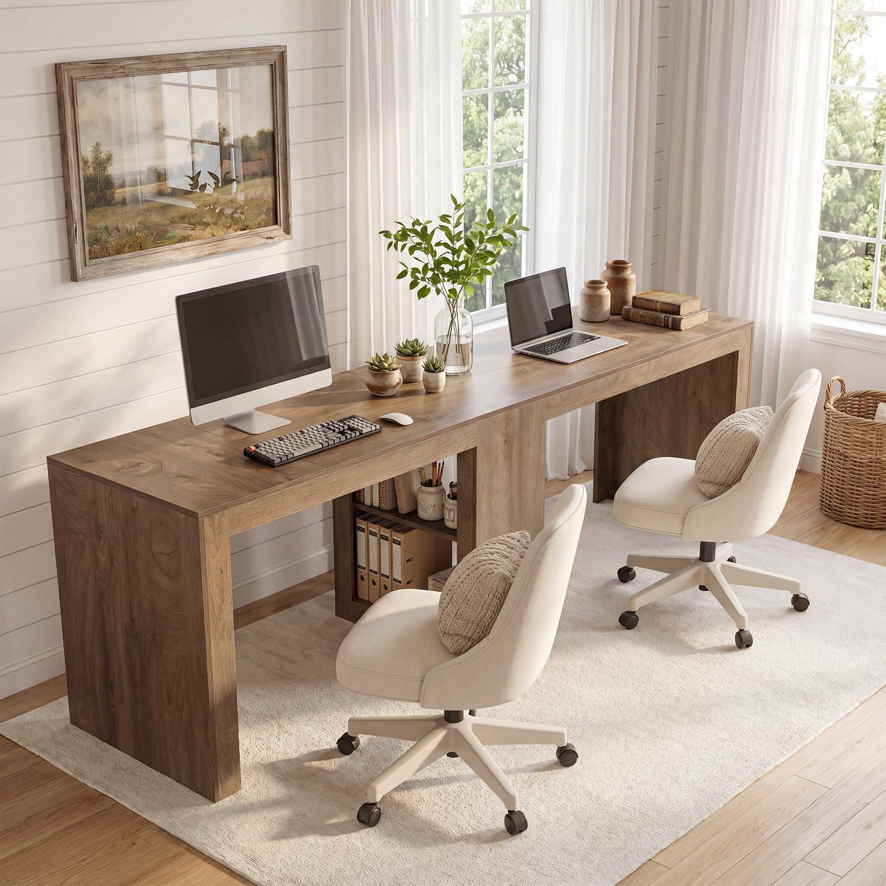 Alt View 2. Tribesigns - 78.7-Inch Two-Person Executive Desk with Storage Shelves for Home Office Work, Study or Computer Tasks - Light Rustic Oak.