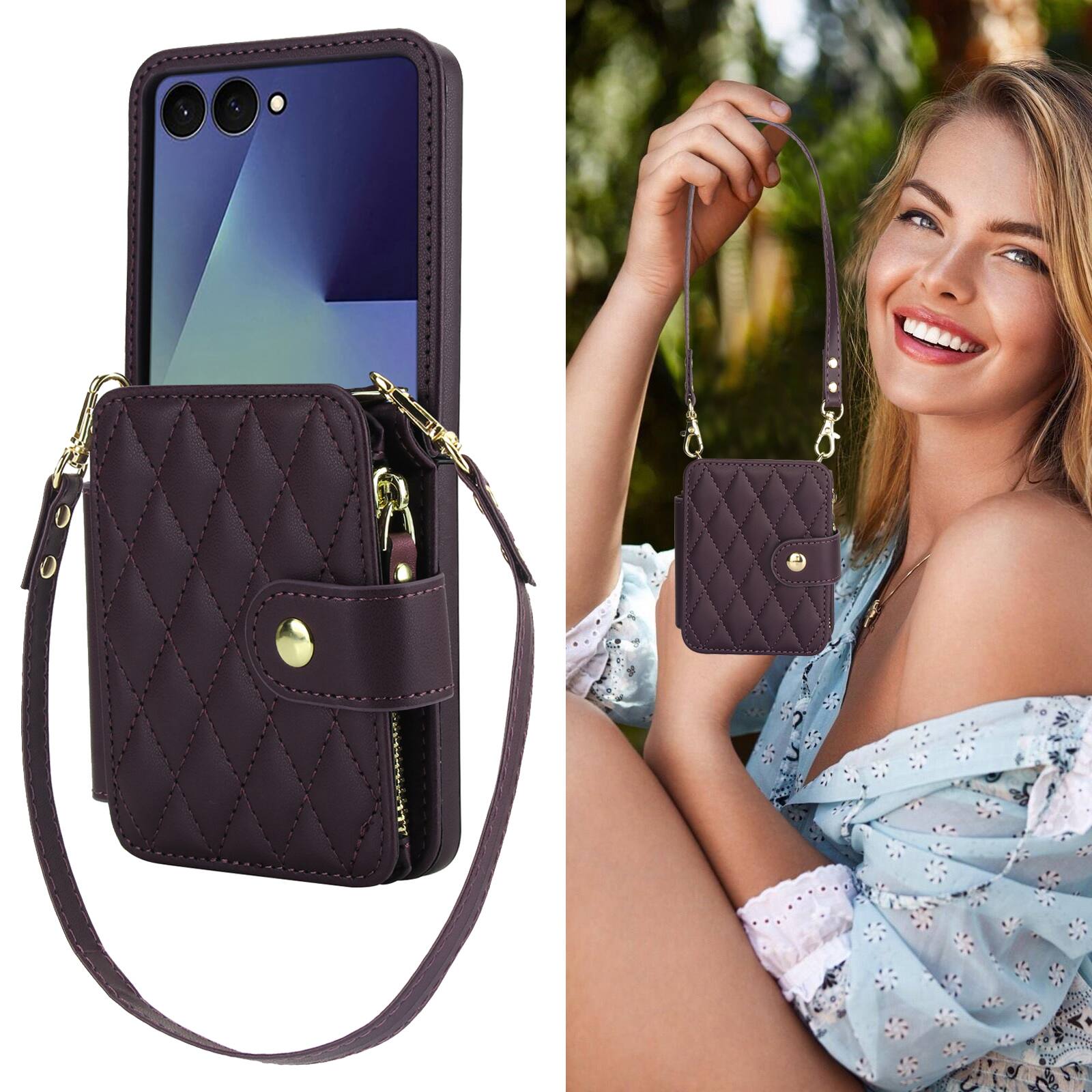 Alt View 5. Dteck - Crossbody Quilted PU Leather Wallet Case for Samsung Galaxy Z Flip7,Shock-absorbent RFID Card Pocket Back Cover+Strap - Darkpurple.