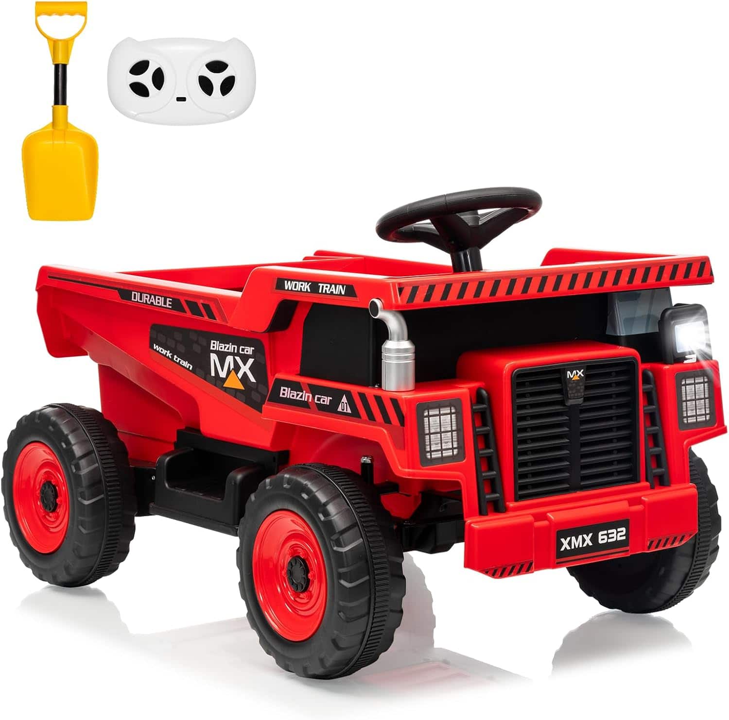 Jojoka - 12V Kids Ride On Dump Truck with Remote, Electric Dump Bed, Shovel, Music, LED Lights & Suspension - Red