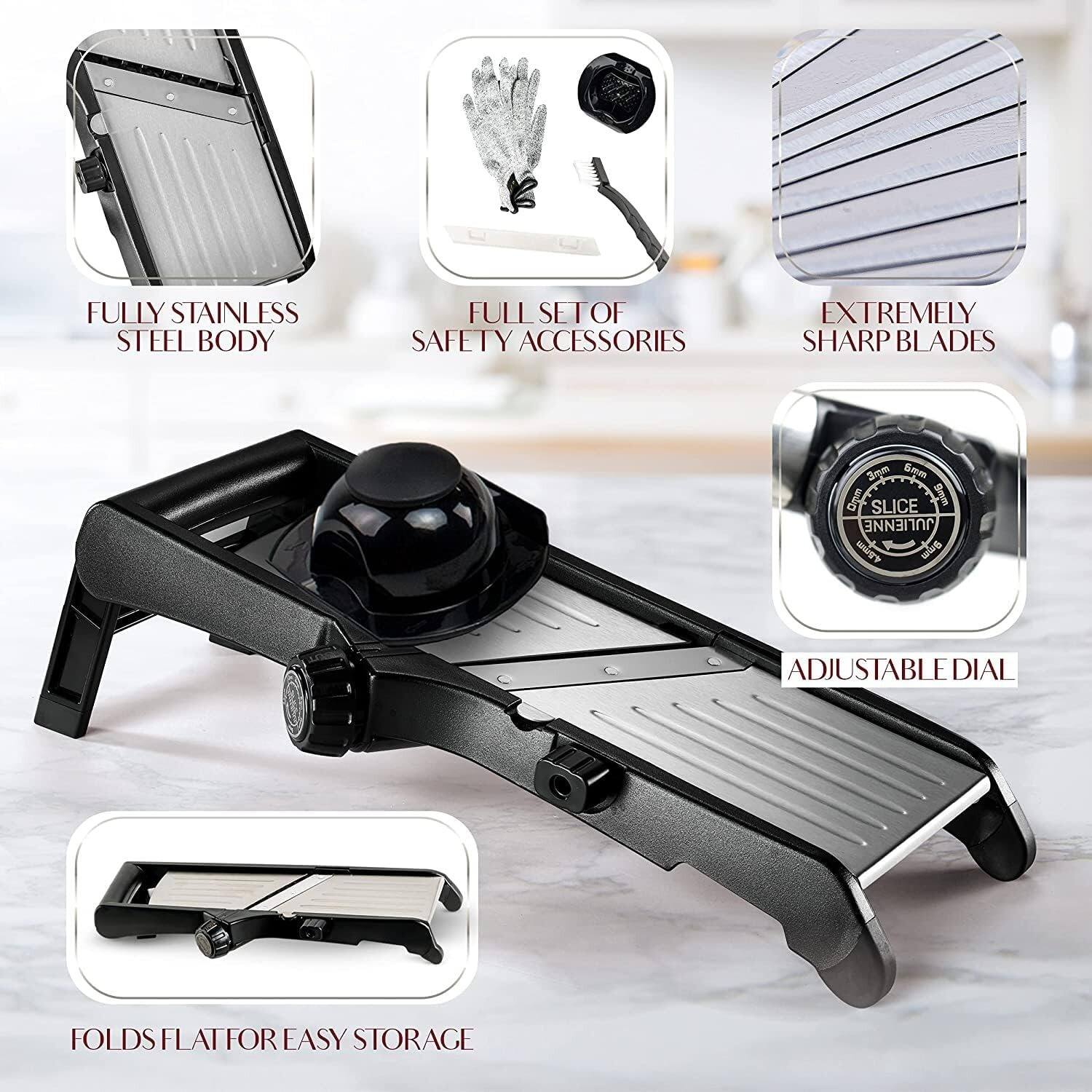 - FULLY STAINLESS STEEL BODY
- FULL SET OF SAFETY ACCESSORIES
- EXTREMELY SHARP BLADES
- ADJUSTABLE DIAL
- FOLDS FLAT FOR EASY STORAGE