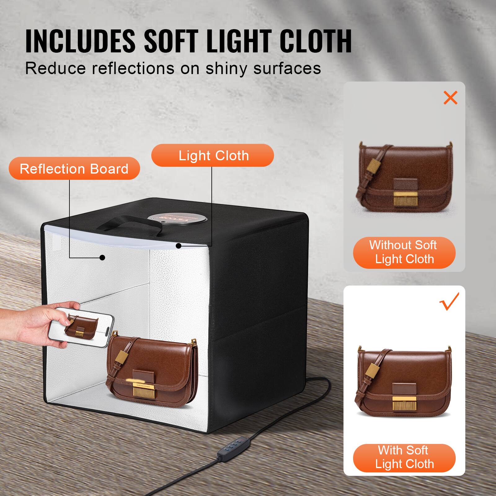 INCLUDES SOFT LIGHT CLOTH  
Reduce reflections on shiny surfaces  

Reflection Board  
Light Cloth  

Without Soft Light Cloth  
With Soft Light Cloth