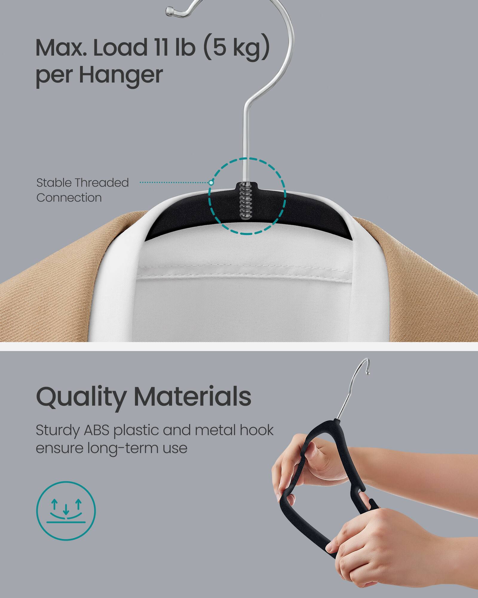 Max. Load 11 lb (5 kg) per Hanger

Stable Threaded Connection

Quality Materials
Sturdy ABS plastic and metal hook ensure long-term use