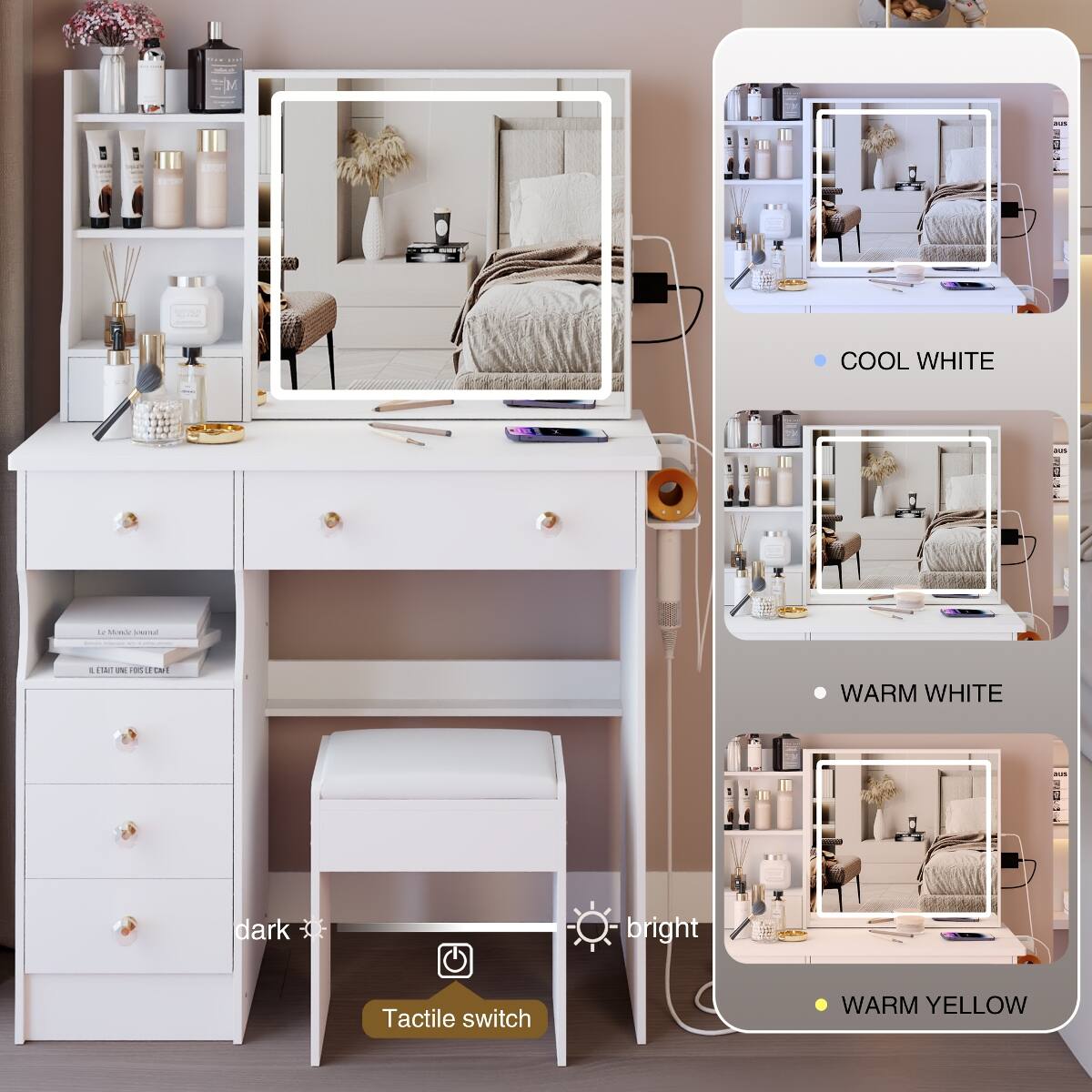COOL WHITE  
Juni  
Monde ownal bain  
L ETAN UNE FOIS LE CAFE  
WARM WHITE  
dark  
bright  
Tactile switch  
WARM YELLOW