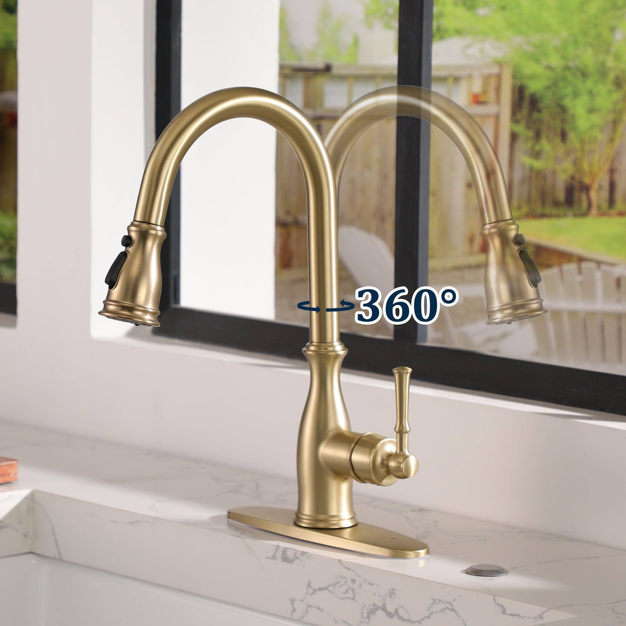 Alt View 5. Boyel Living - 3-Spray Patterns Single Handle Pull Down Sprayer Kitchen Faucet with Deck Plate and Ceramic Cartridge in Brushed Gold - Brushed Gold.