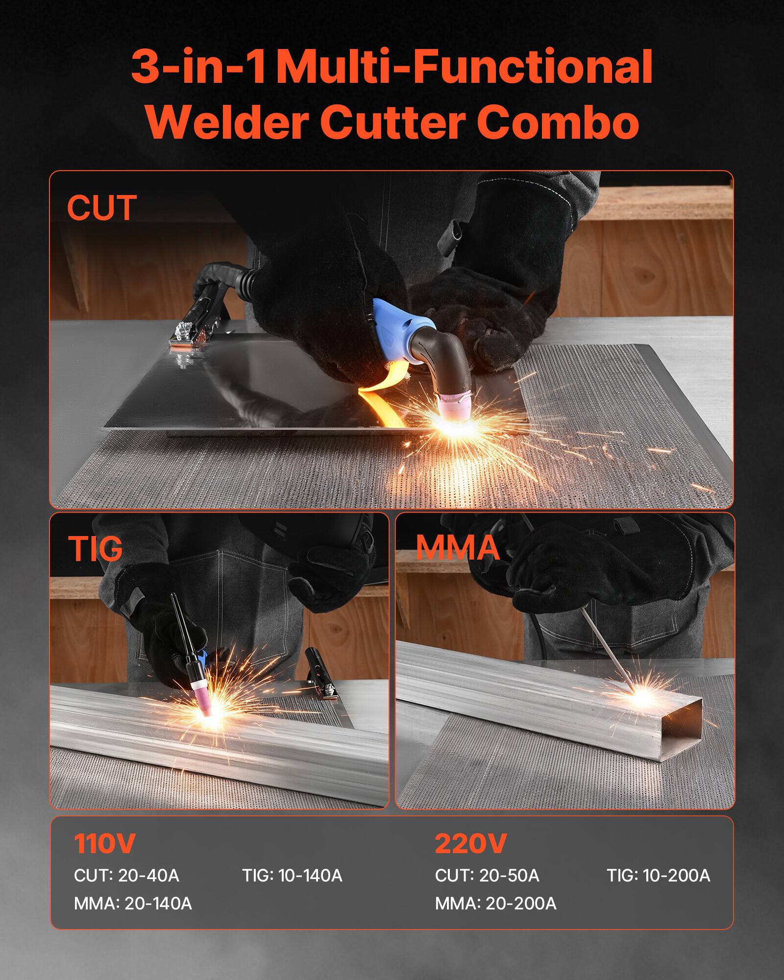 3-in-1 Multi-Functional Welder Cutter Combo

CUT
TIG
MMA

110V
CUT: 20-40A
TIG: 10-140A
MMA: 20-140A

220V
CUT: 20-50A
TIG: 10-200A
MMA: 20-200A