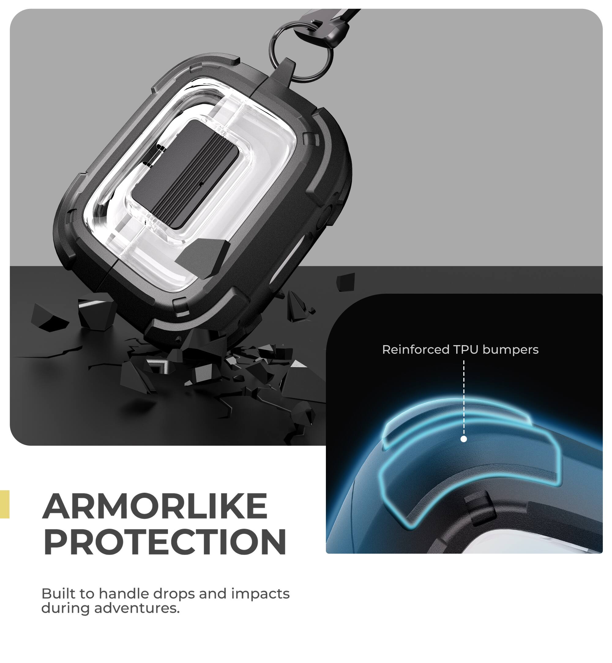 Reinforced TPU bumpers  
ARMORLIKE PROTECTION  
Built to handle drops and impacts during adventures.