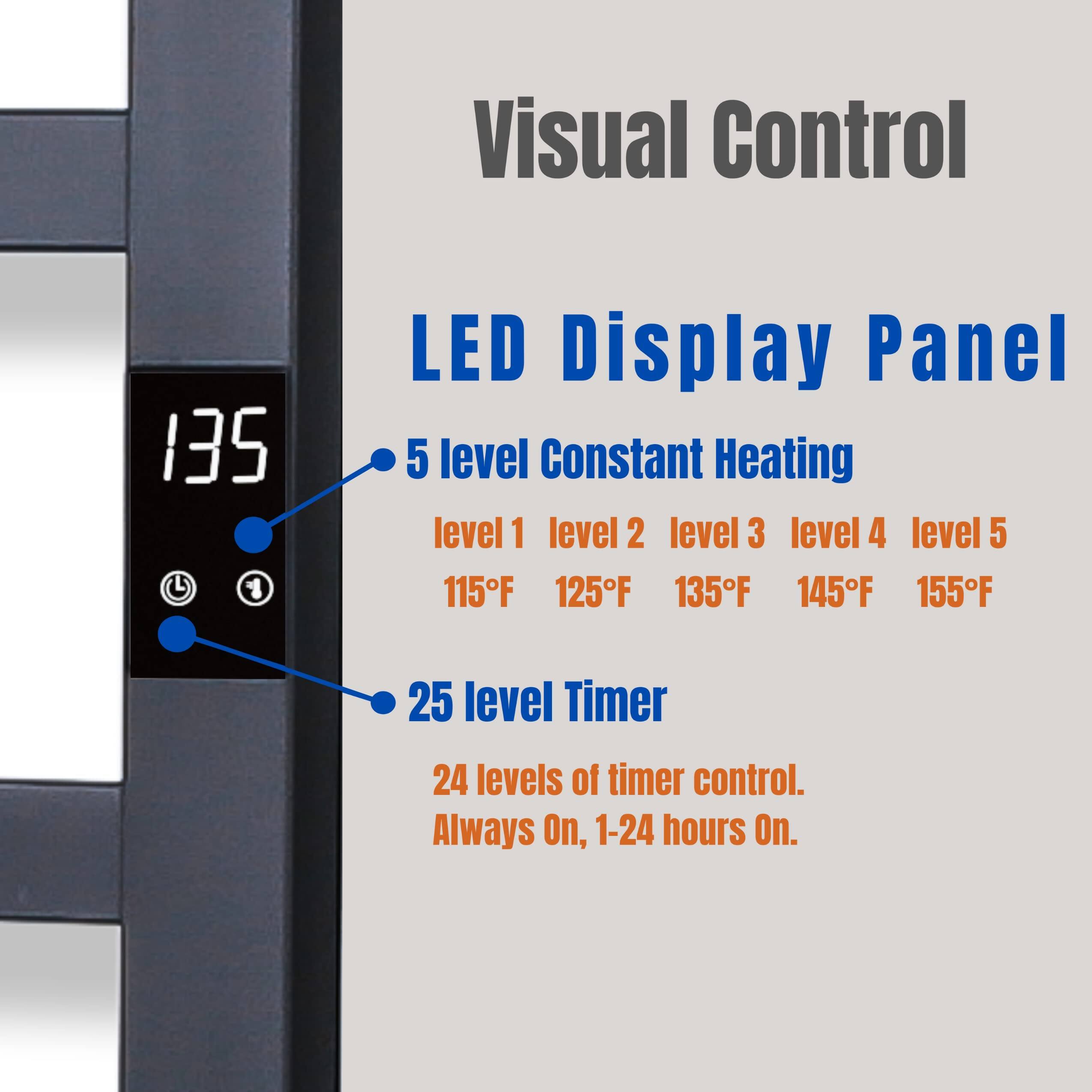 Visual Control

LED Display Panel

- 5 level Constant Heating
  - level 1: 115°F
  - level 2: 125°F
  - level 3: 135°F
  - level 4: 145°F
  - level 5: 155°F

- 25 level Timer
  - 24 levels of timer control.
  - Always On, 1-24 hours On.