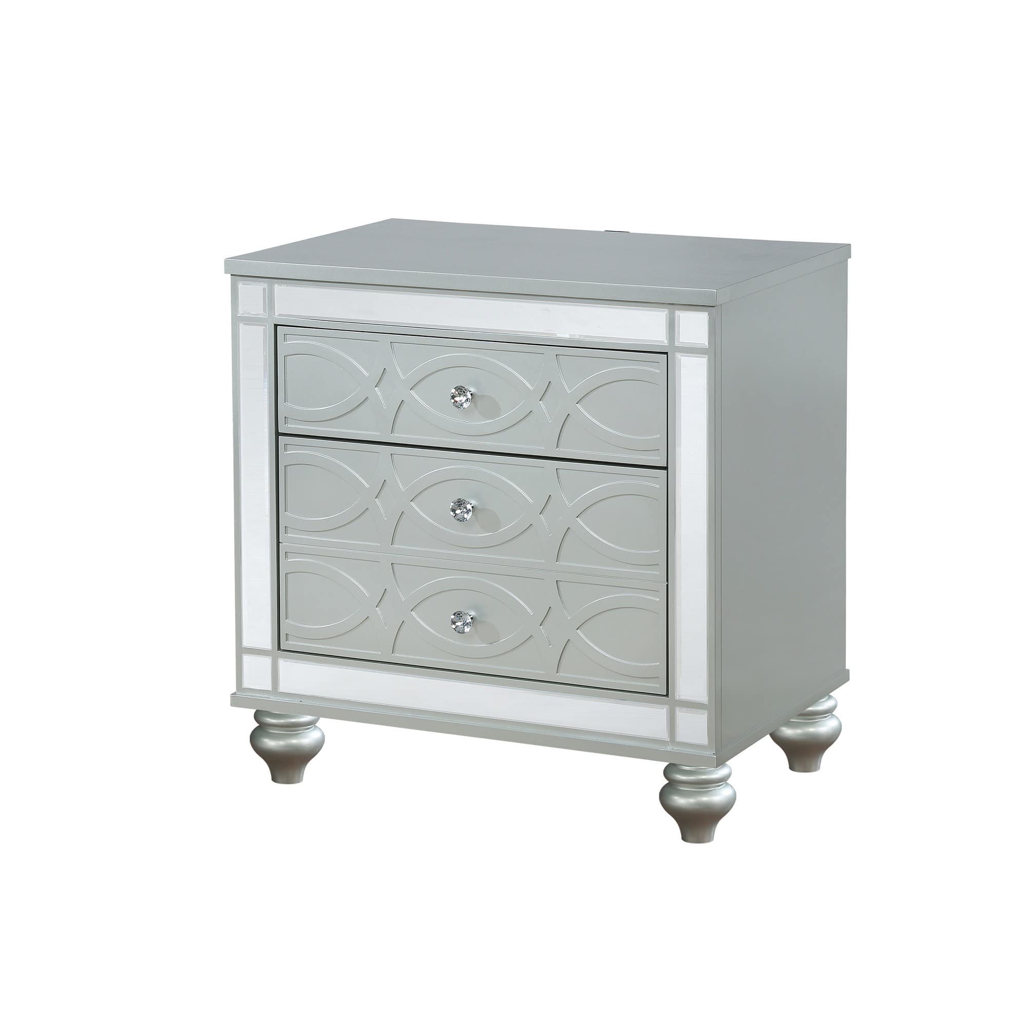 Manhattan Lane - Gina 29 Inch Modern Glam Nightstand, Round Crystal Knobs, USB Ports - Silver