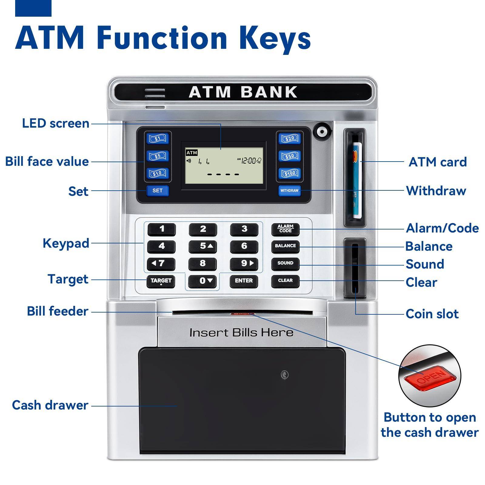 ATM Function Keys

- LED screen
- Bill face value
- Set
- Keypad
- Target
- Bill feeder
- Cash drawer
- ATM card
- Withdraw
- Alarm/Code
- Balance
- Sound
- Clear
- Coin slot
- Button to open the cash drawer