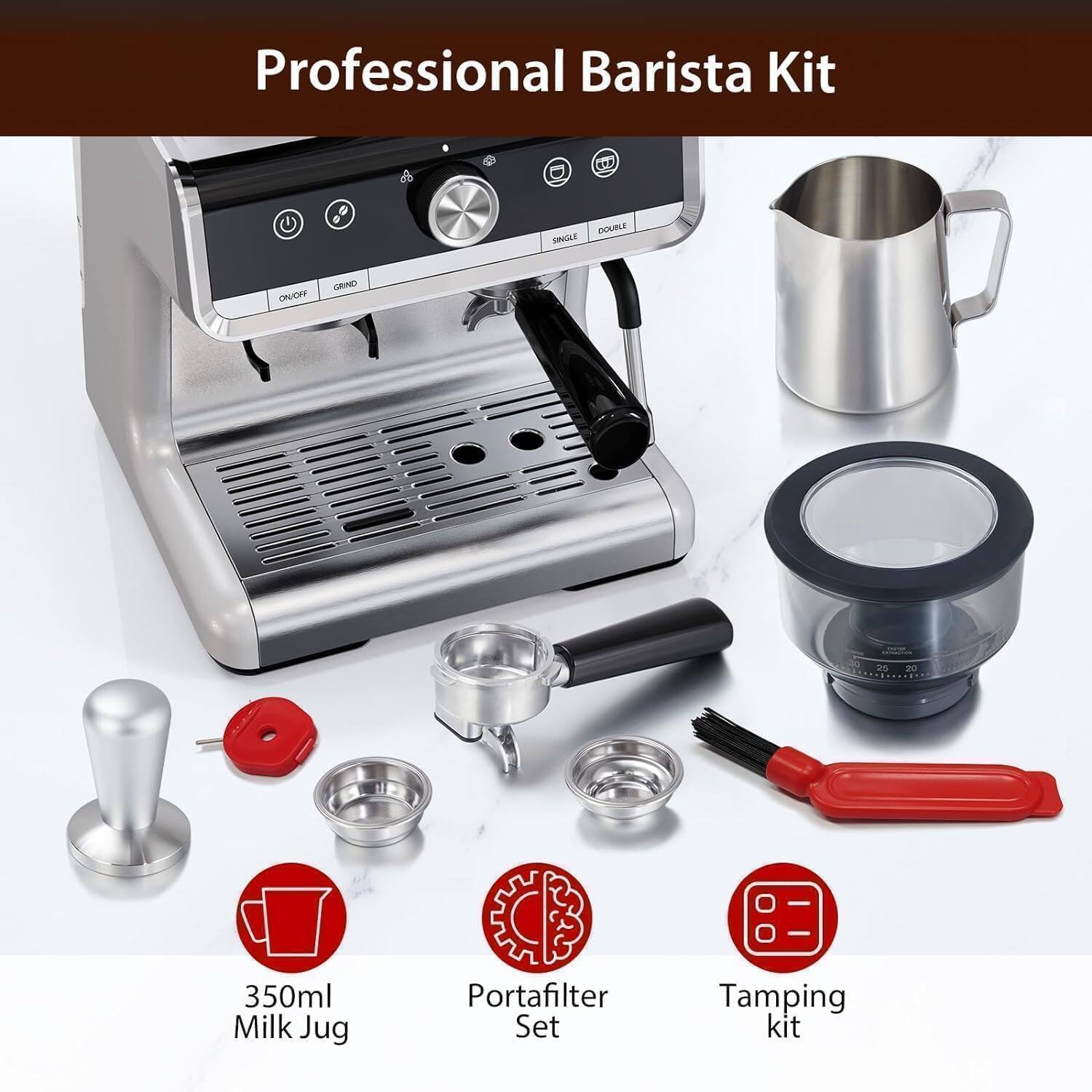 Professional Barista Kit

- 350ml Milk Jug
- Portafilter Set
- Tamping Kit