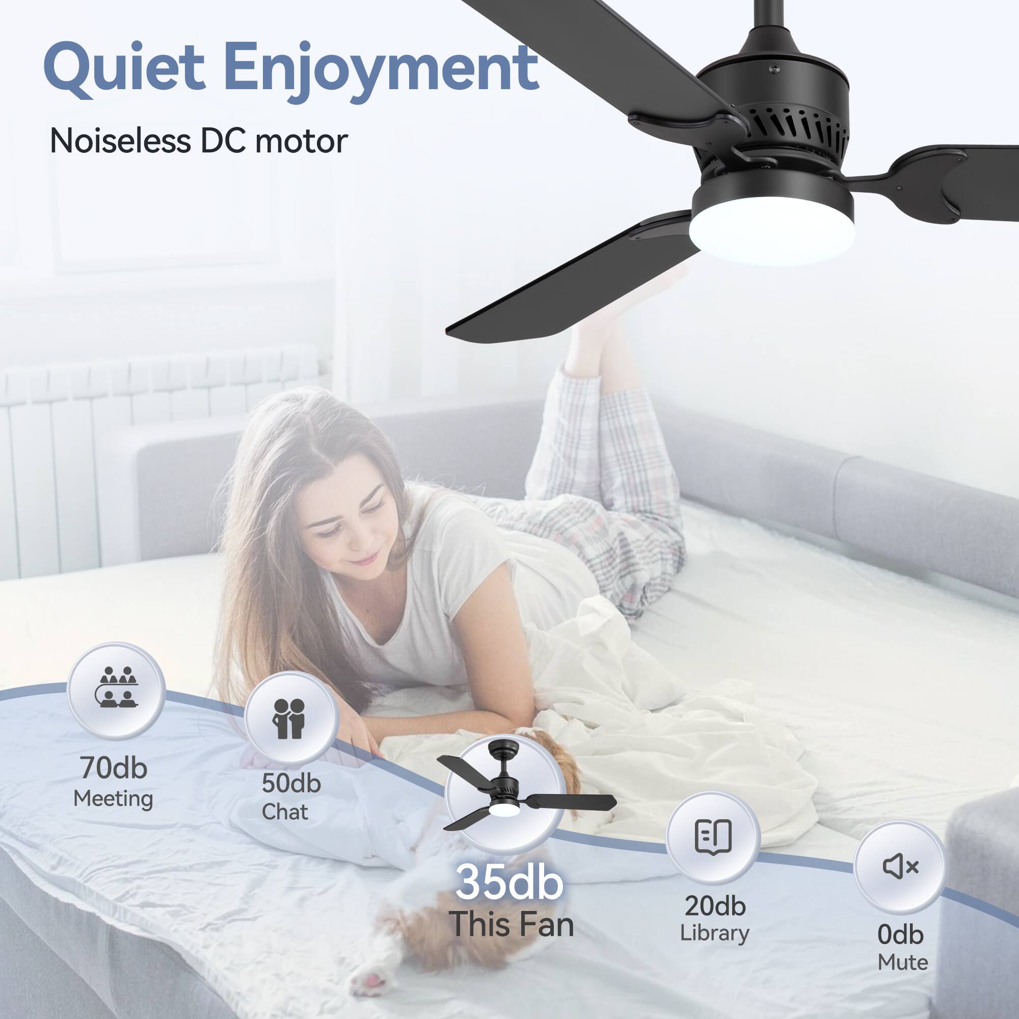 Quiet Enjoyment Noiseless DC motor

70db Meeting
50db Chat
35db This Fan
20db Library
0db Mute