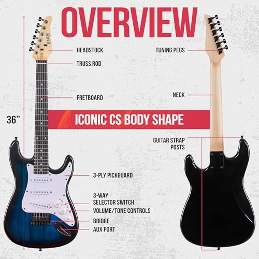 OVERVIEW  
- HEADSTOCK  
- TUNING PEGS  
- TRUSS ROD  
- FRETBOARD  
- NECK  
- 36"  
- ICONIC CS BODY SHAPE  
- GUITAR STRAP POSTS  
- 3-PLY PICKGUARD  
- 3-WAY SELECTOR SWITCH  
- VOLUME/TONE CONTROLS  
- BRIDGE  
- AUX PORT