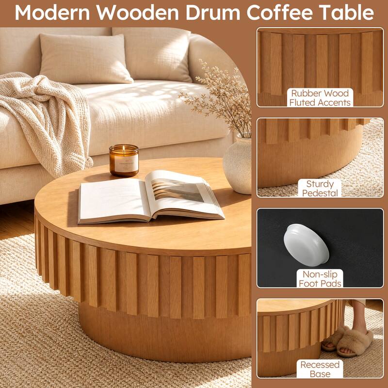 Modern Wooden Drum Coffee Table

- Rubber Wood Fluted Accents
- Sturdy Pedestal
- Non-slip Foot Pads
- Recessed Base