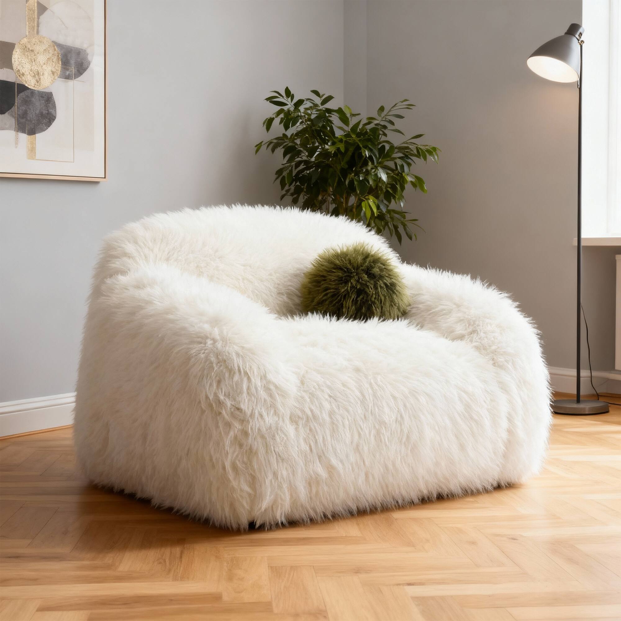 Angle. Vaczon - Faux Fur 360° Swivel Accent Chair with Ball Pillows, Plush Shaggy Armchair for Living Room Bedroom - White.