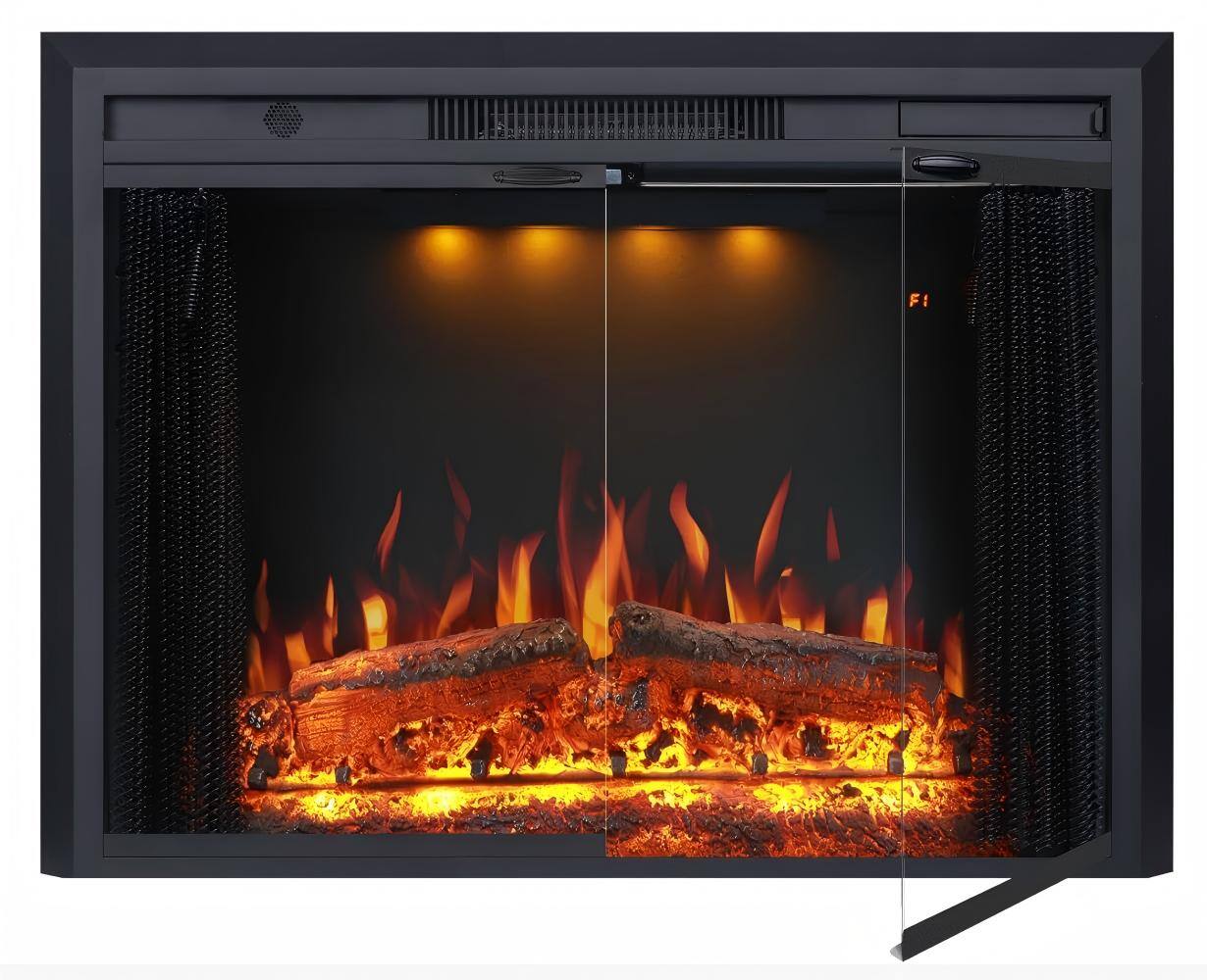 Left. Mondawe - 30" Recessed-in Realistic Flame Electric Fireplace with Adjustable Heat, Timer - Black.