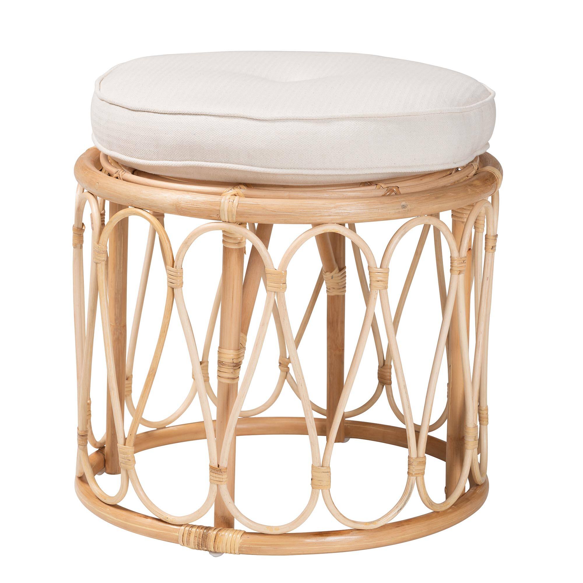 bali & pari - Hachiro Bohemian Natural Rattan Ottoman Footstool - Natural/White