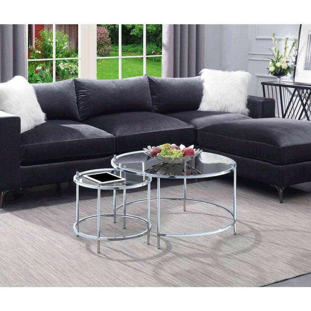 Angle. Convenience Concepts - Royal Crest Nesting Round Glass Coffee Tables, Clear Glass/Chrome Frame - Clear Glass/Chrome Frame.