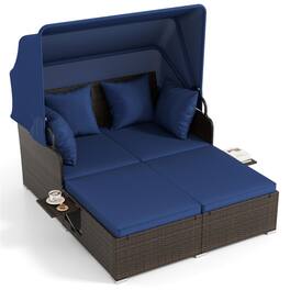 Boyel Living - Outdoor Patio Rattan Daybed with Retractable Canopy and Side Tables 65-in L x 60.5-in W x 54.5-in H - Navy