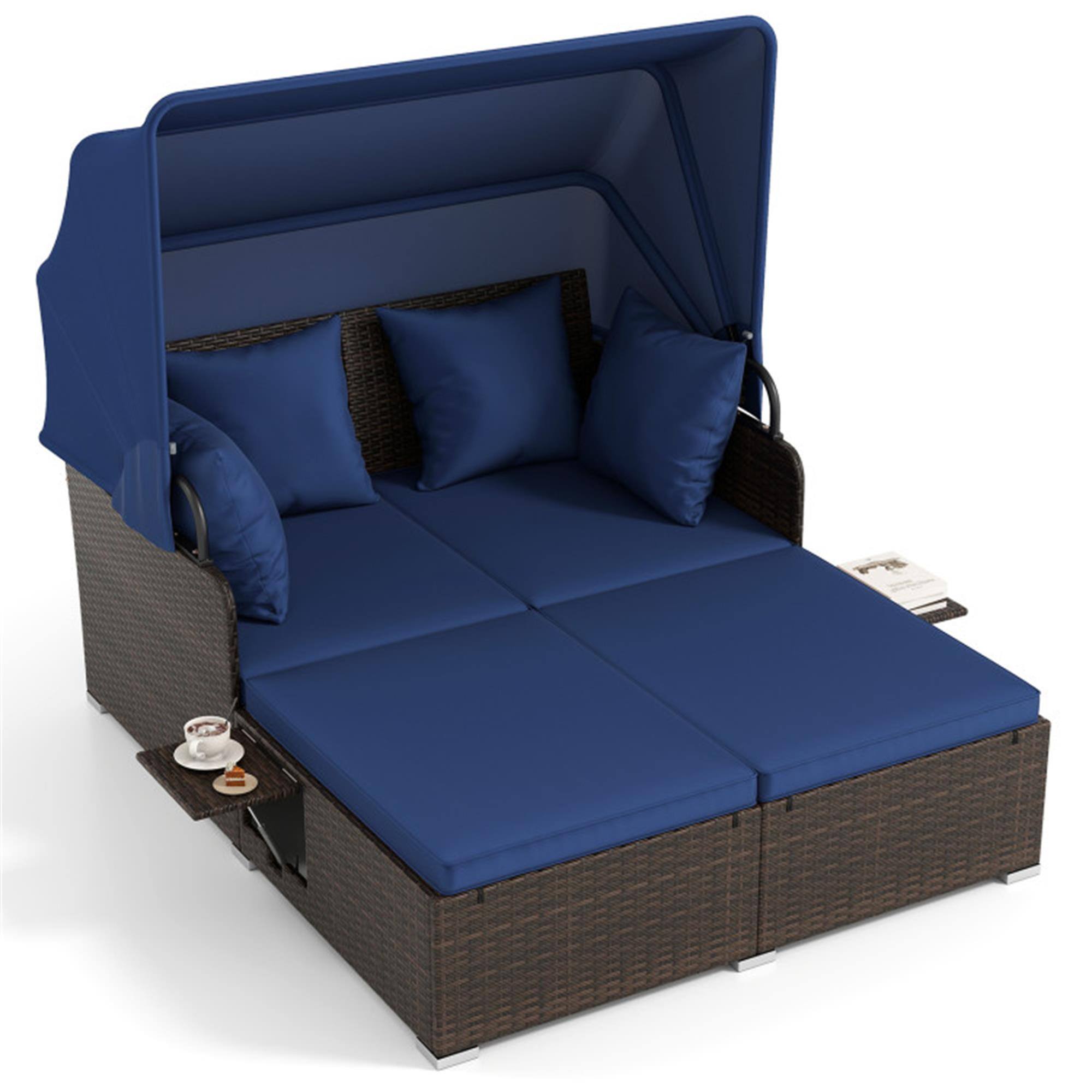 Front. Boyel Living - Navy Outdoor Patio Rattan Daybed with Retractable Canopy and Side Tables 65-in L x 60.5-in W x 54.5-in H - Navy.