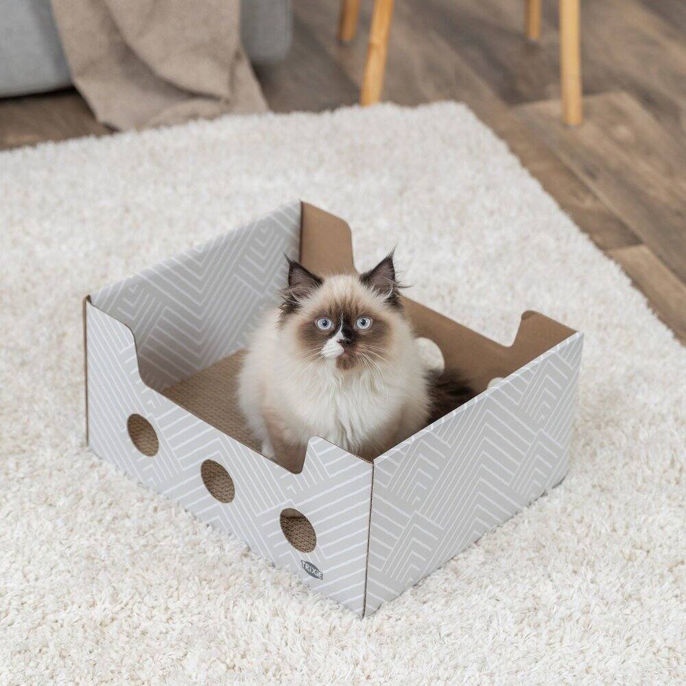 Angle. TRIXIE - Cardboard Cat Scratching Box with Peek-a-Boo Openings & Double-Sided Scratcher - Brown/White.