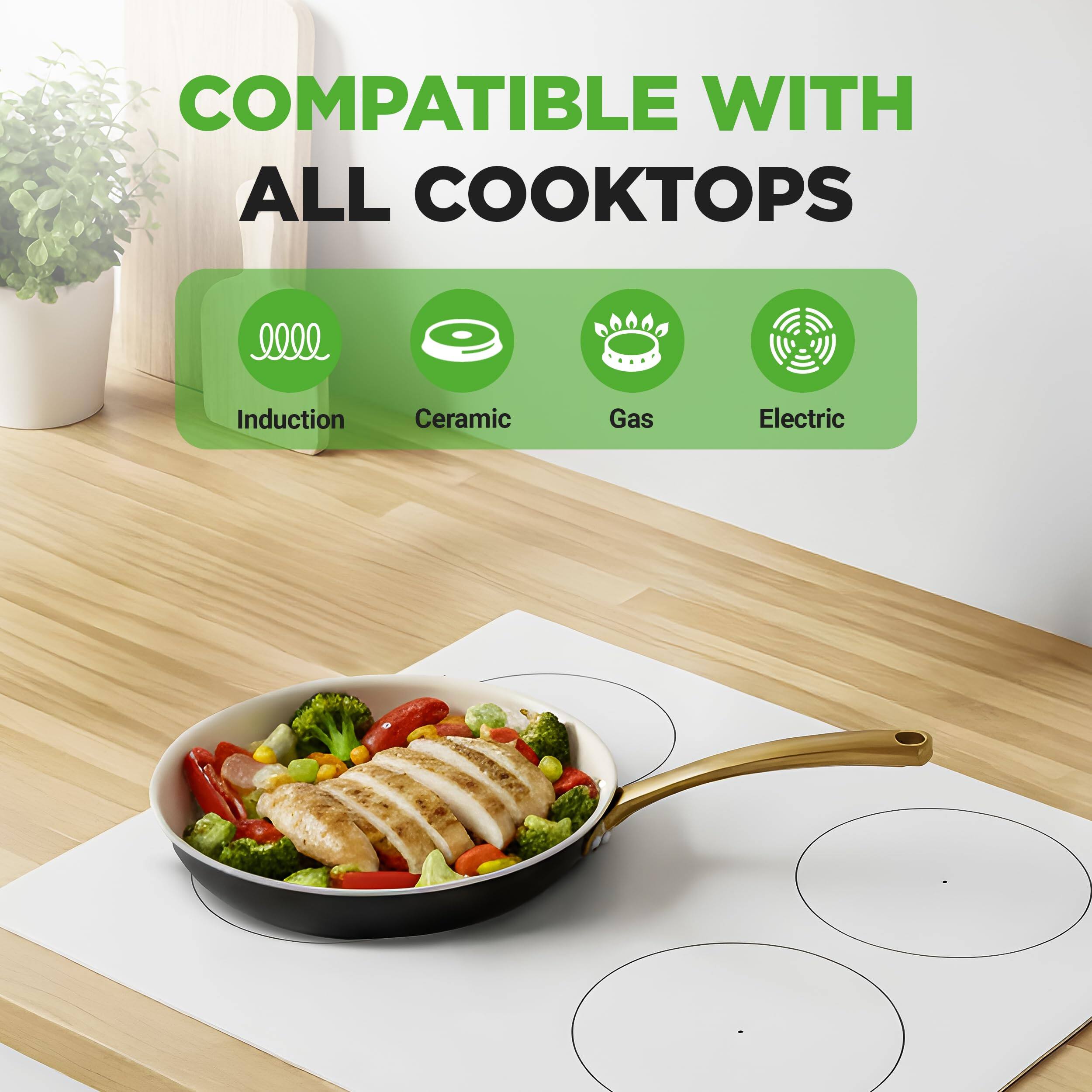 COMPATIBLE WITH ALL COOKTOPS

- Induction
- Ceramic
- Gas
- Electric