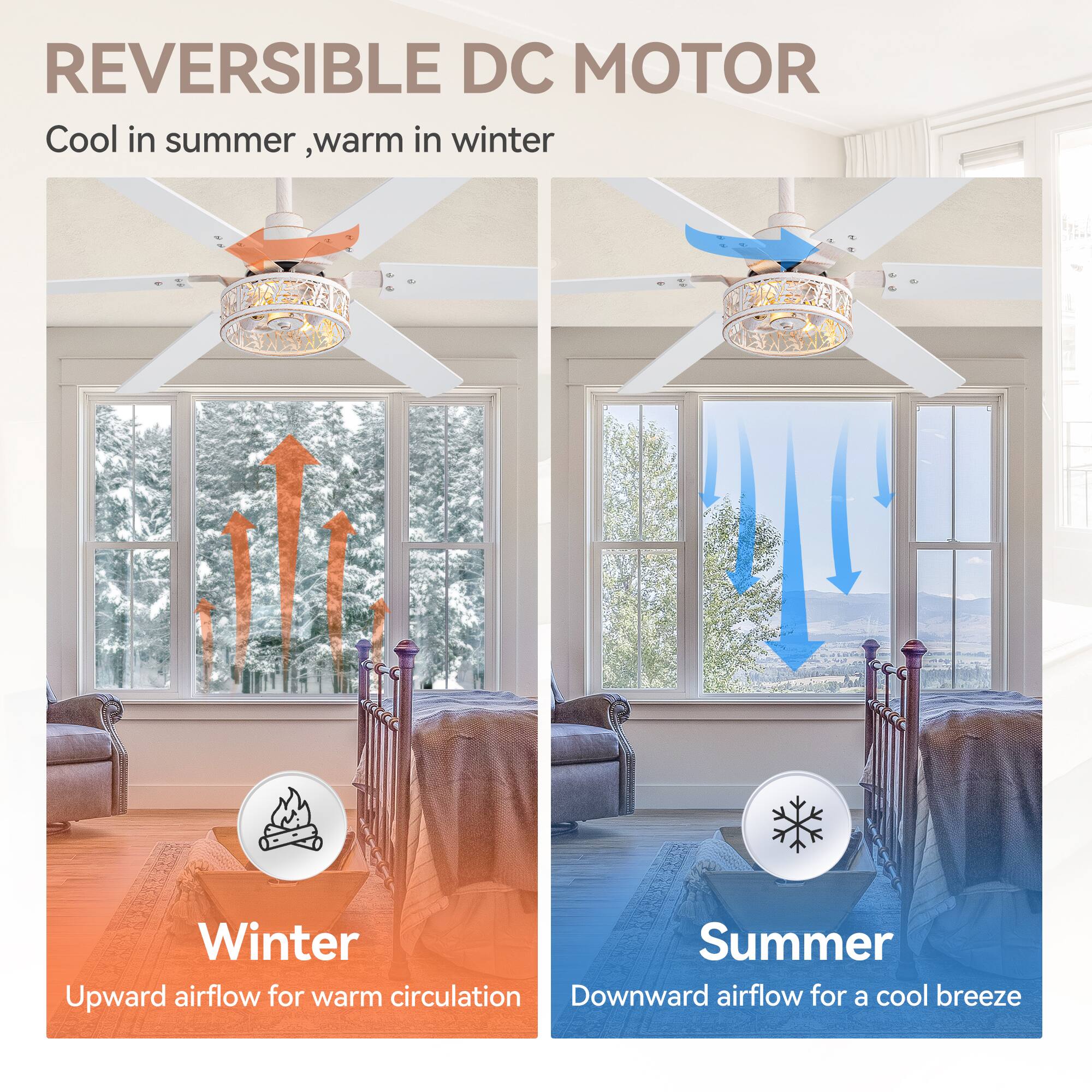 REVERSIBLE DC MOTOR  
Cool in summer, warm in winter  

Winter  
Upward airflow for warm circulation  

Summer  
Downward airflow for a cool breeze