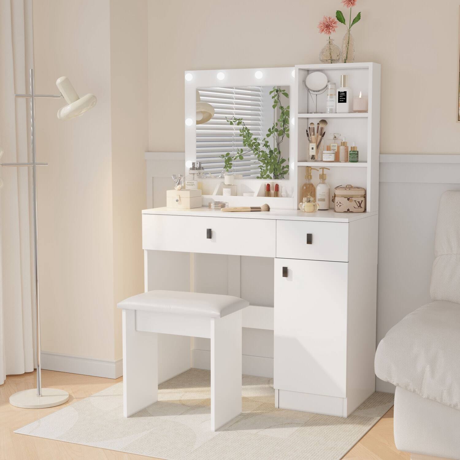Alt View 2. Lirago - White Wood Dresser Table Desk with Mirror Dressing Table  Adjustable Lights 15.7”D x 35.4“ W x 53.5“ H - White.