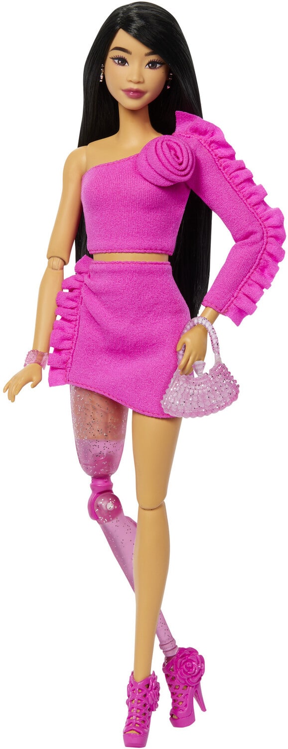 Barbie Deluxe Style with Black Hair and Glittery Prosthetic Leg, Pink Top and Skirt Set with Rose- COLLECTABLES - Mattel