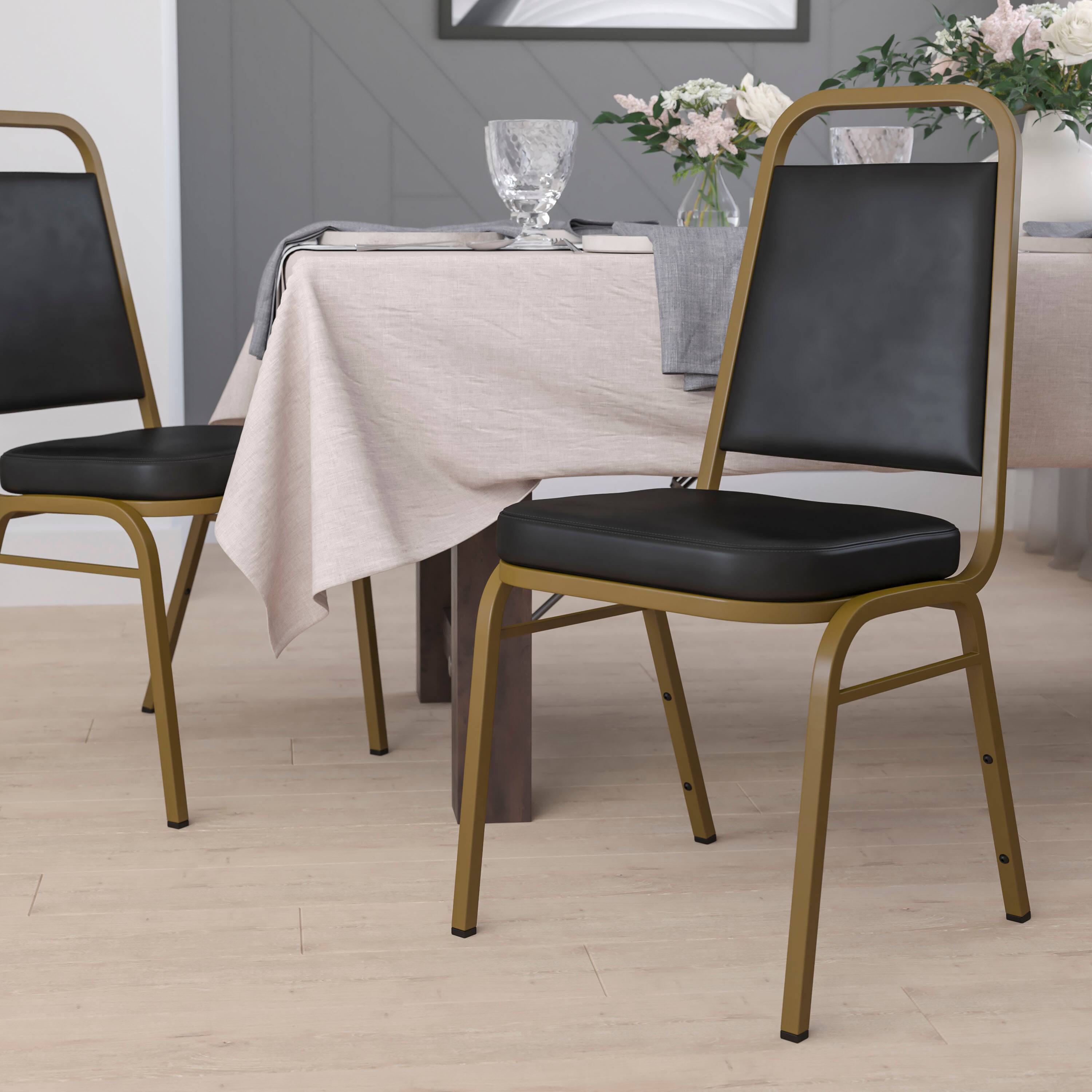 Alt View 1. Emma + Oliver - Trapezoidal Back Stacking Banquet Dining Chair - 2.5" Thick Seat - Black Vinyl/Gold Frame.