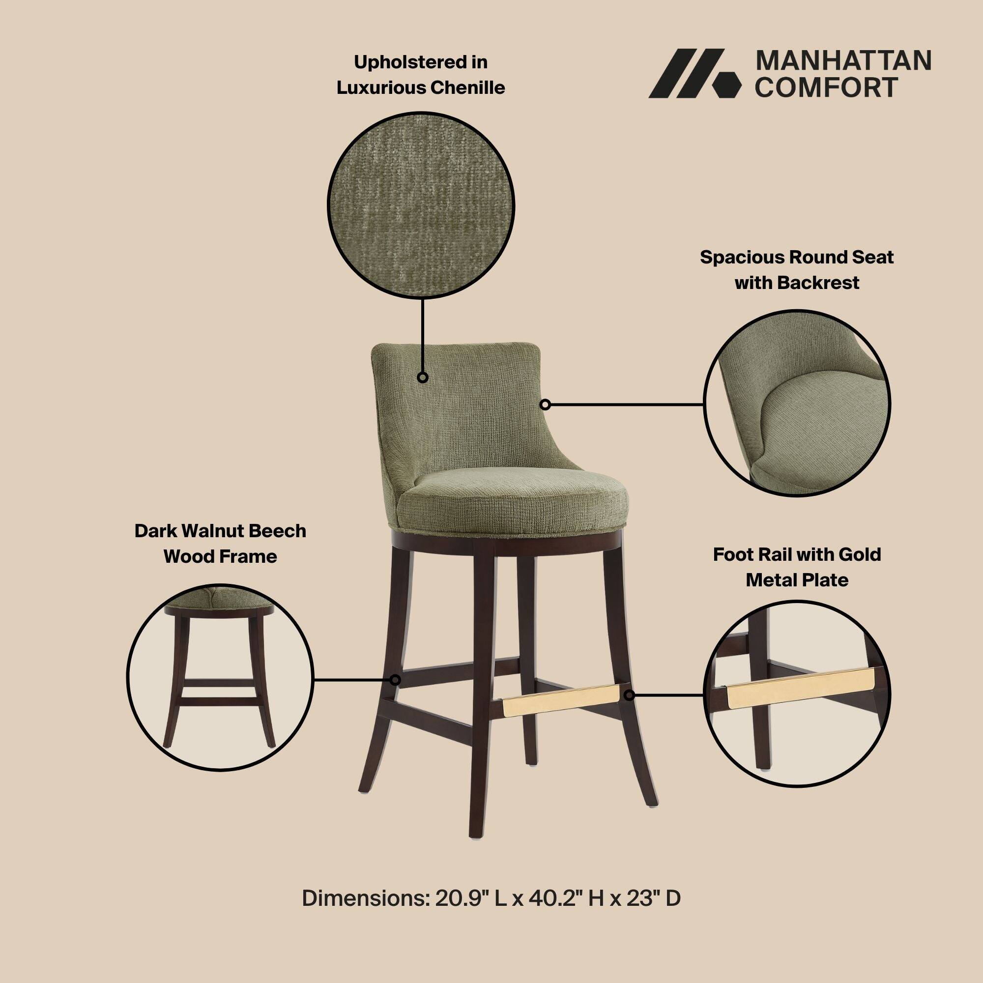 Upholstered in Luxurious Chenille

MANHATTAN COMFORT

Spacious Round Seat with Backrest

Dark Walnut Beech Wood Frame

Foot Rail with Gold Metal Plate

Dimensions: 20.9" L x 40.2" H x 23" D