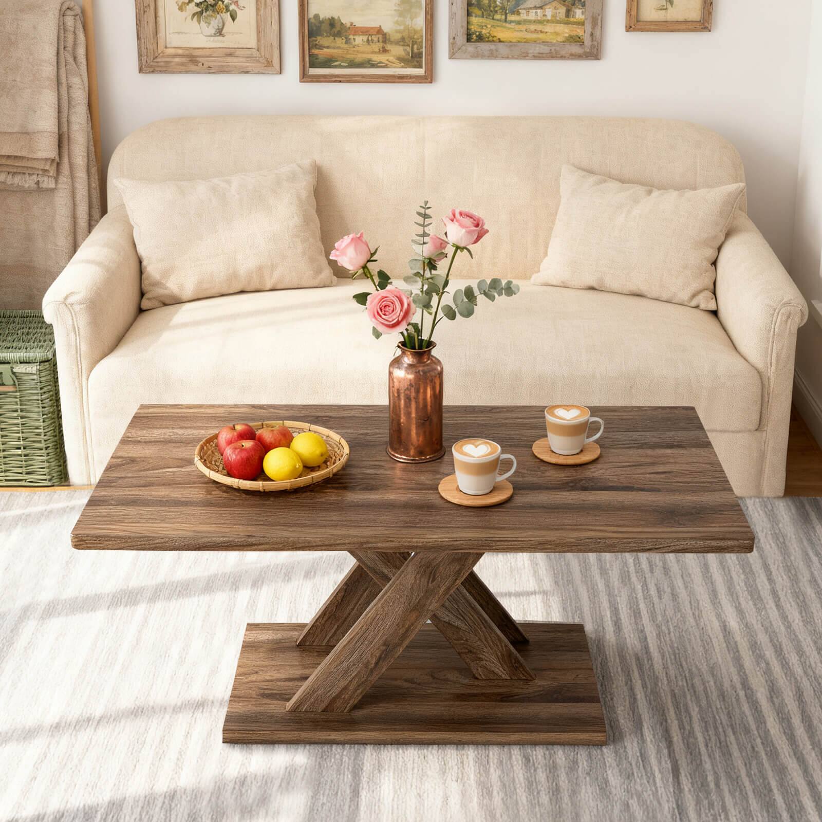 Alt View 4. Costway - Costway 37.5" Coffee Table with Stable Base & Rubber Wood Connection for Living Room - Brown.