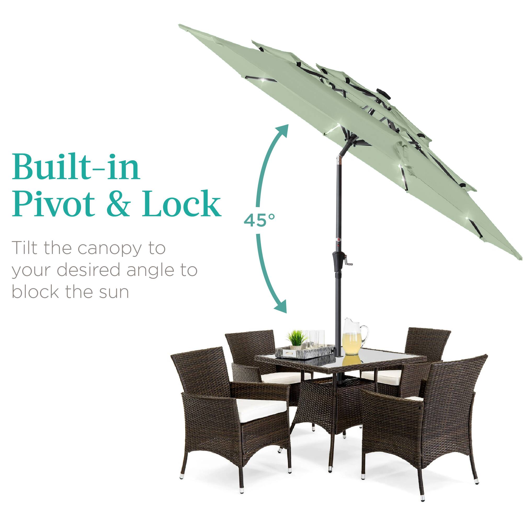 Built-in Pivot & Lock

Tilt the canopy to your desired angle to block the sun.