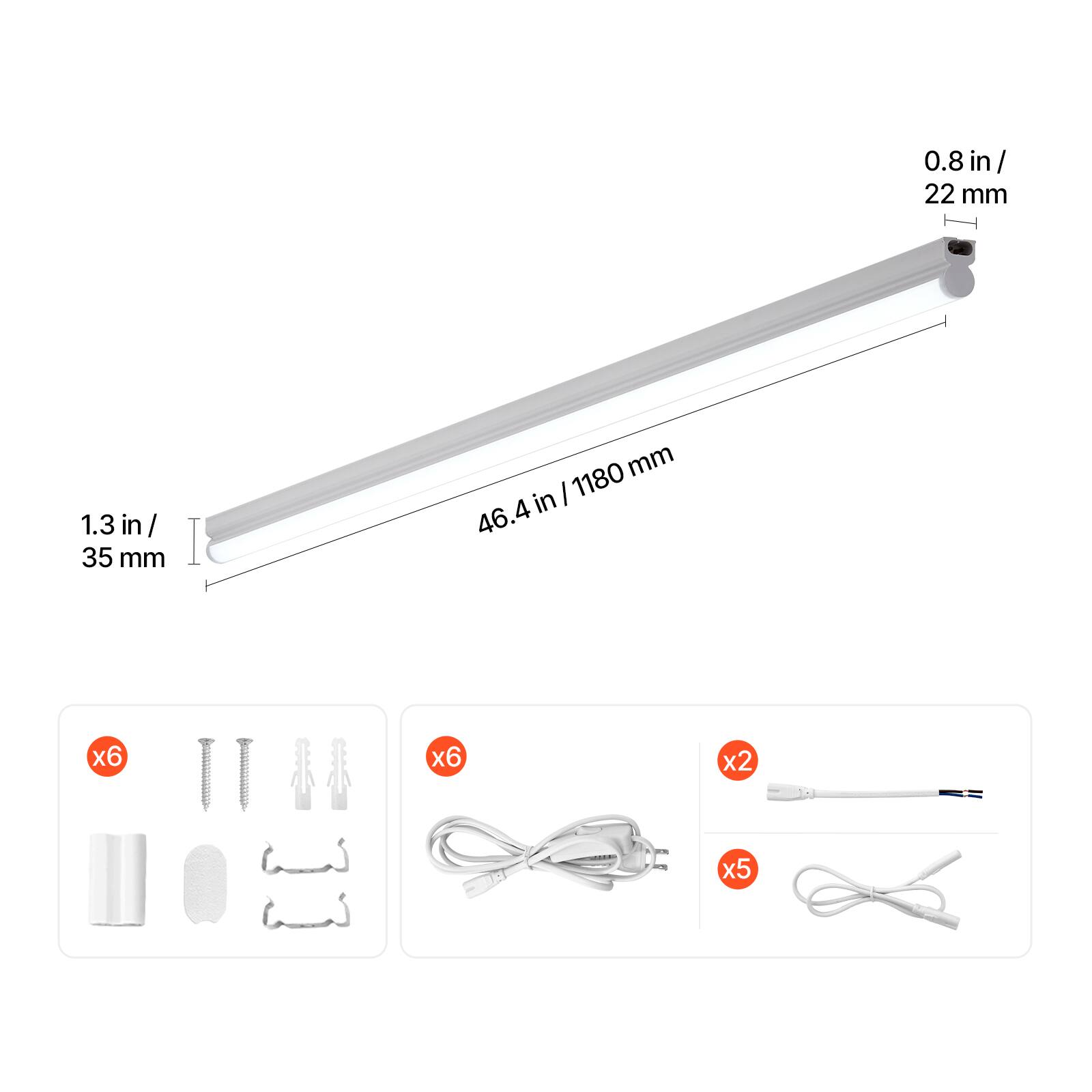 0.8 in / 22 mm  
1.3 in / 35 mm  
46.4 in / 1180 mm  

x6 screws  
x6 wall plugs  
x2 USB cables  
x5 power adapters