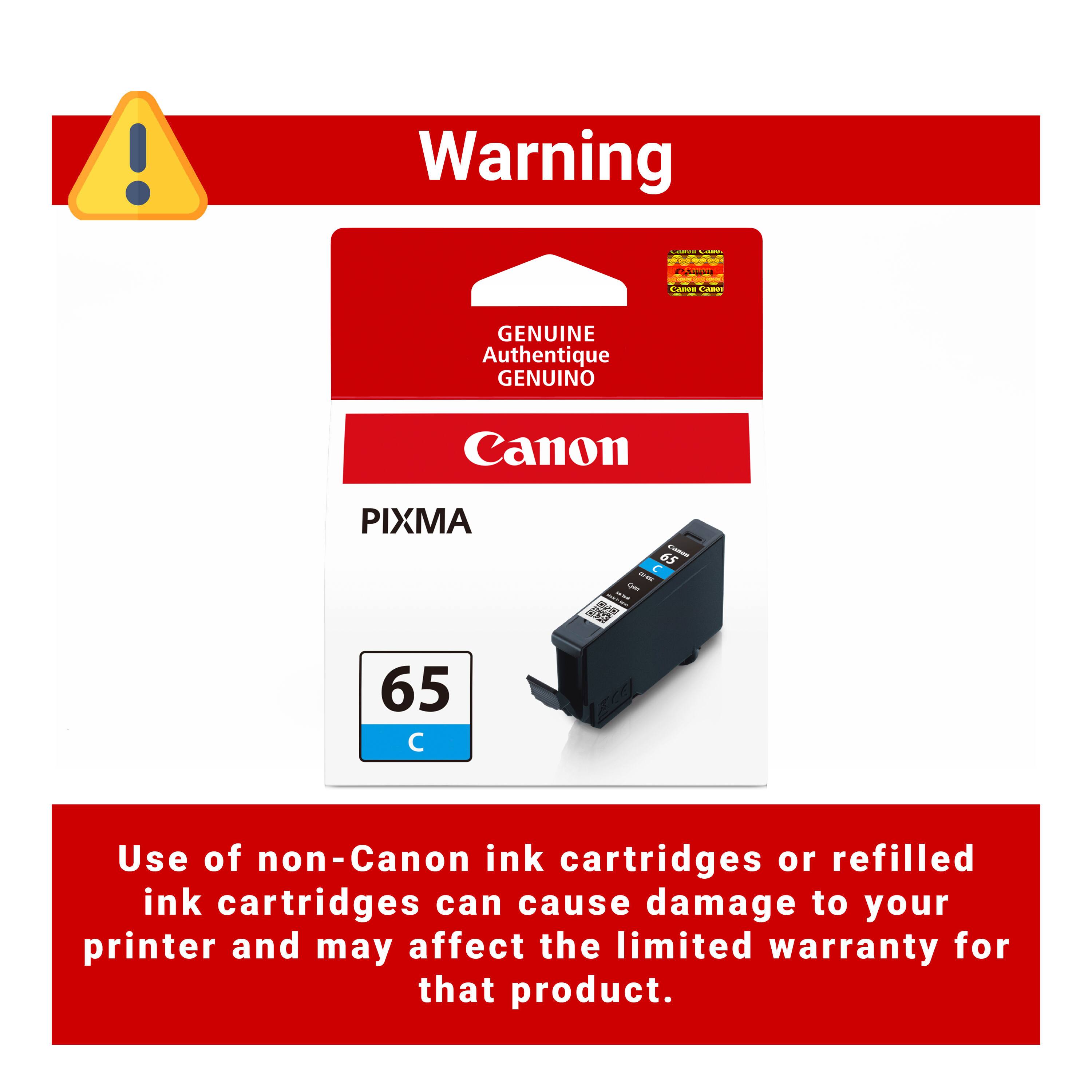 Warning

Genuine Authentique GENUINO

Canon

PIXMA

65

Use of non-Canon ink cartridges or refilled ink cartridges can cause damage to your printer and may affect the limited warranty for that product.