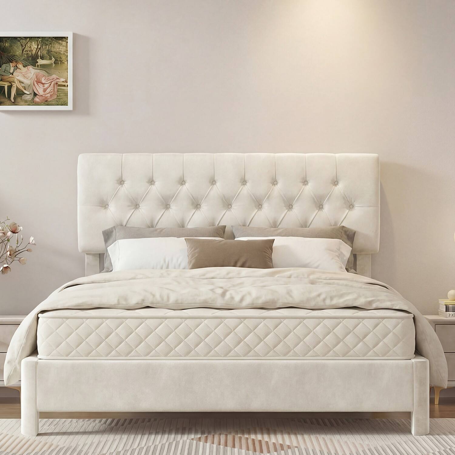 Angle. Dyonery - Platform Bed Frame with Upholstered Button Tufted Headboard, Mattress Foundation with Wooden Slat Support - Beige.