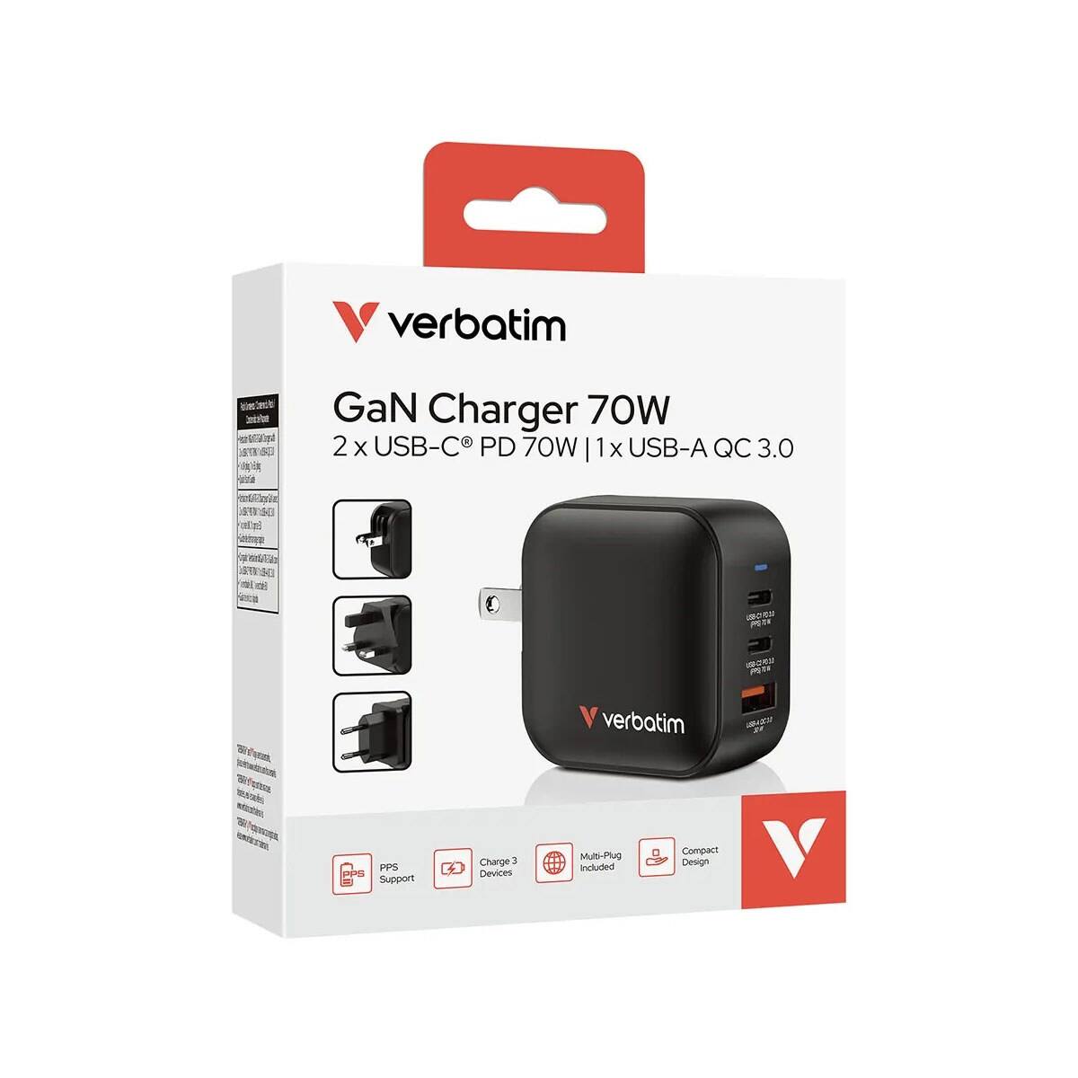 verbatim  
GaN Charger 70W  
2 x USB-C PD 70W | 1x USB-A QC 3.0  
SFN validad  
FORS  
verbatim  
PPS PPS Support  
Charge 3 Devices  
Multi-Plug Included  
Compact Design