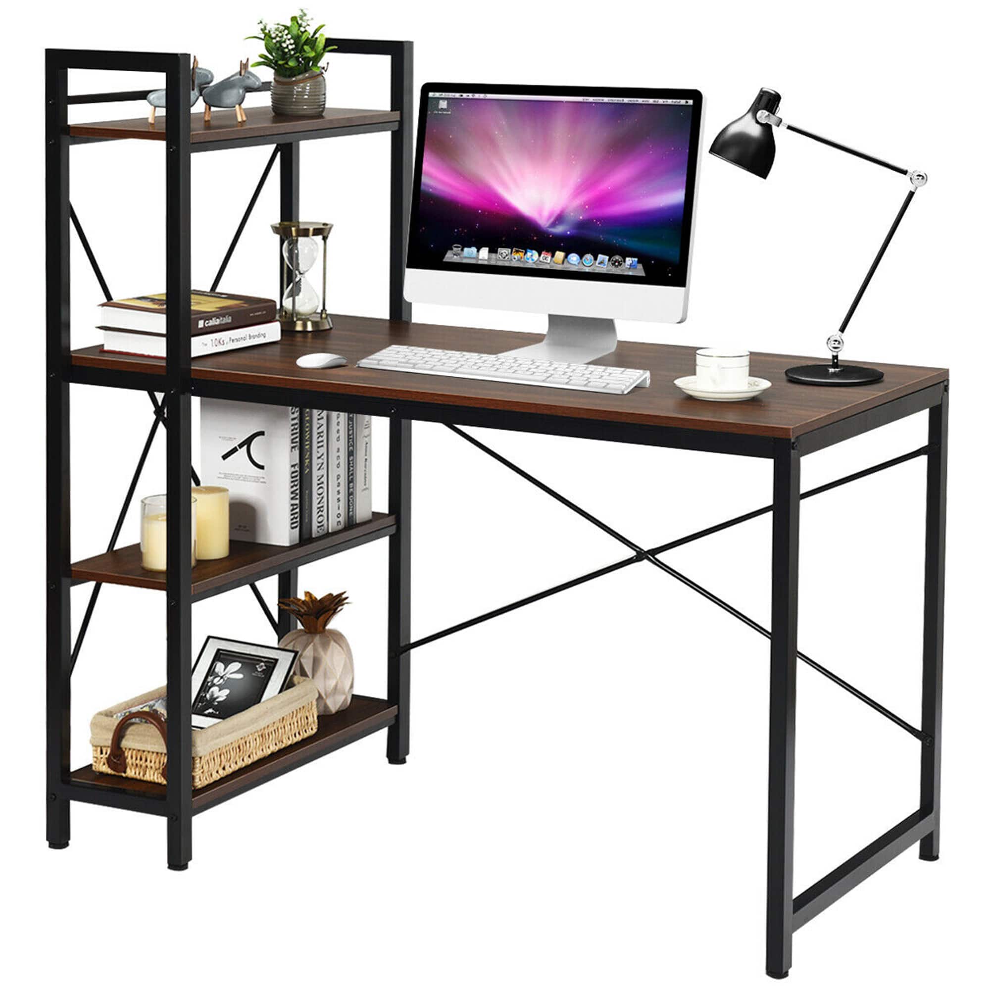 Costway - 47.5" Computer Desk Writing Desk Workstation w/ 4-Tier Shelves - Walnut